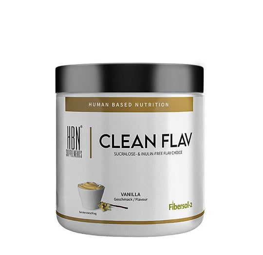 HBN Supplements Clean Flav Dose mit Vanillegeschmack und einer kleinen Portion Pudding.
