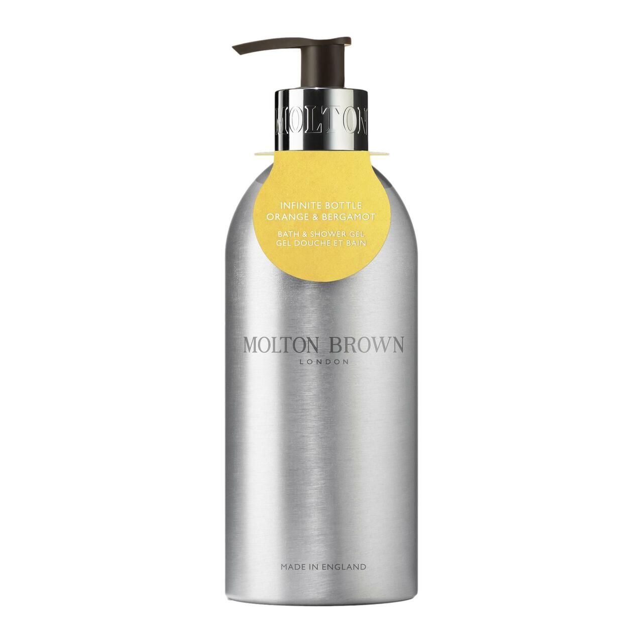 Silberfarbene Flasche mit schwarzem Pumpkopf. Gelbes Etikett mit Produktinformationen. Molton Brown Logo.