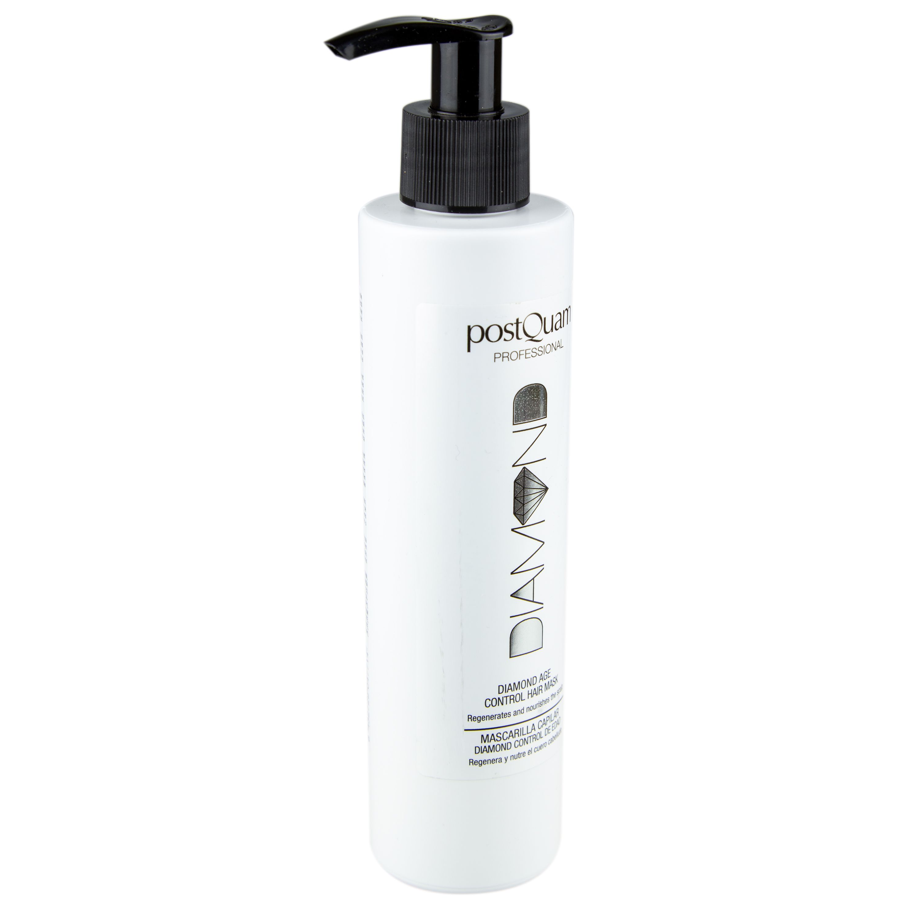 Weiße Flasche mit schwarzem Pumpkopf. Aufschrift DIAMOND und Postquam Professional. Text: DIAMOND AGE CONTROL HAIR MASK.