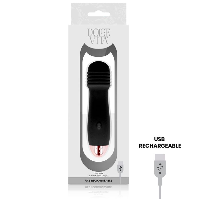 Verpackung mit schwarzem Vibrator. Text: 'Dolce Vita', 'Silikon', 'USB Rechargeable'. USB-Ladekabel abgebildet.