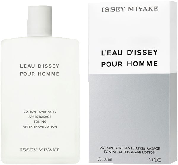 Issey Miyake After Shave Lotion. Weiße Flasche und Verpackung. Text: L'Eau d'Issey pour Homme, Lotion Tonifiante.