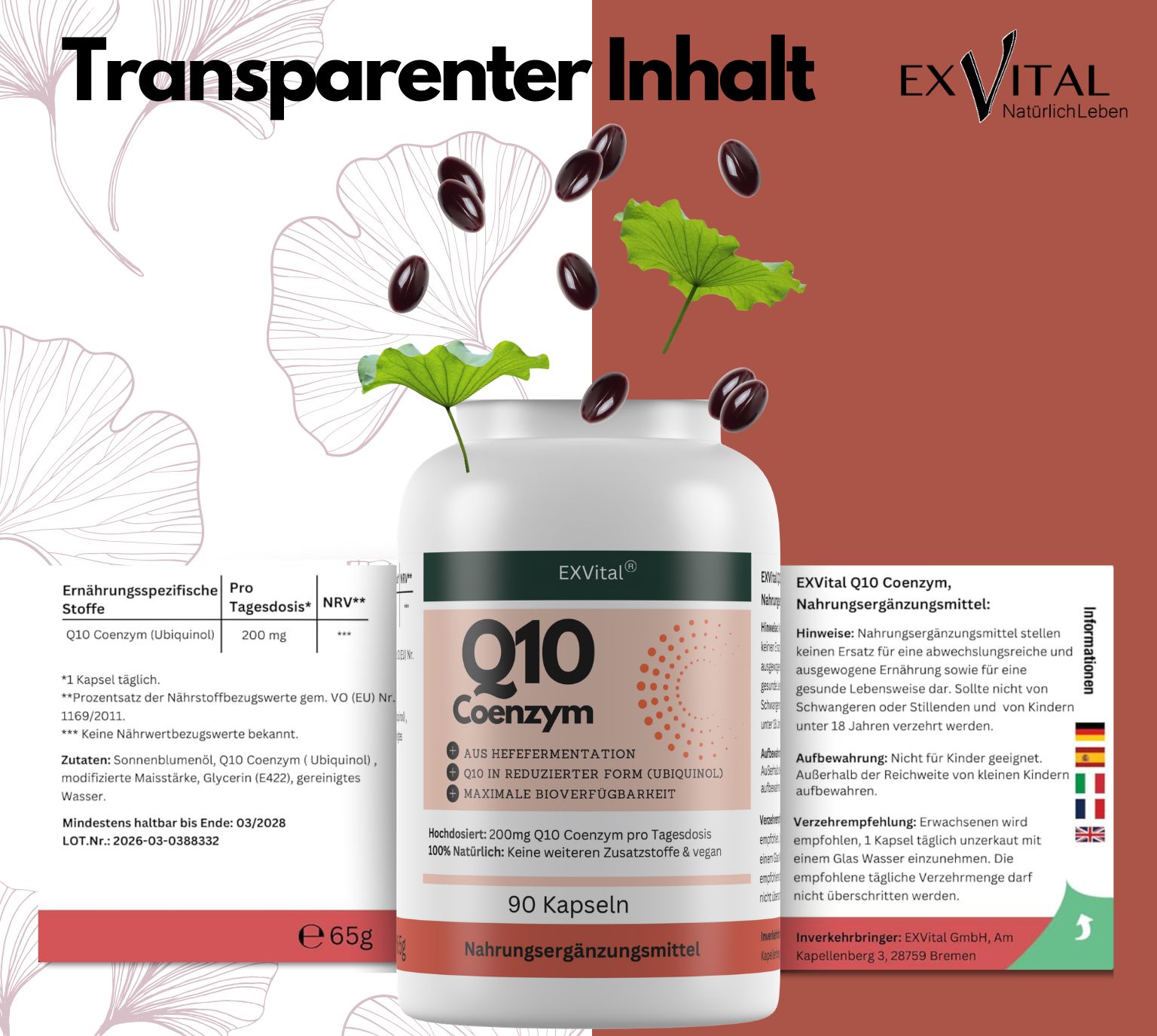 Flasche EXVital Q10 Coenzym Kapseln. Transparenter Inhalt. 90 Kapseln.