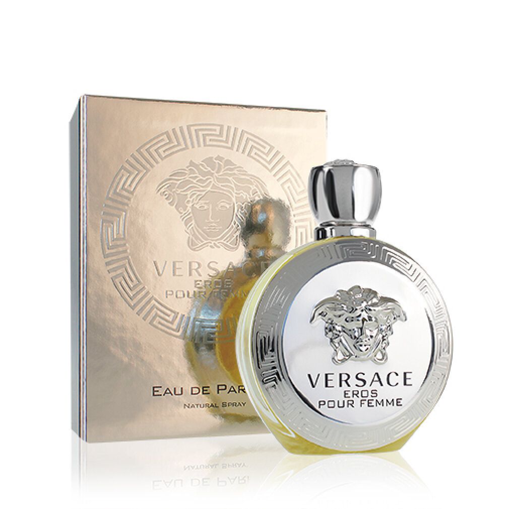 Verpackung und Flakon. Verpackung: Silberfarben mit Logo. Flakon: Rund, silberfarben, mit Aufschrift VERSACE EROS POUR FEMME.