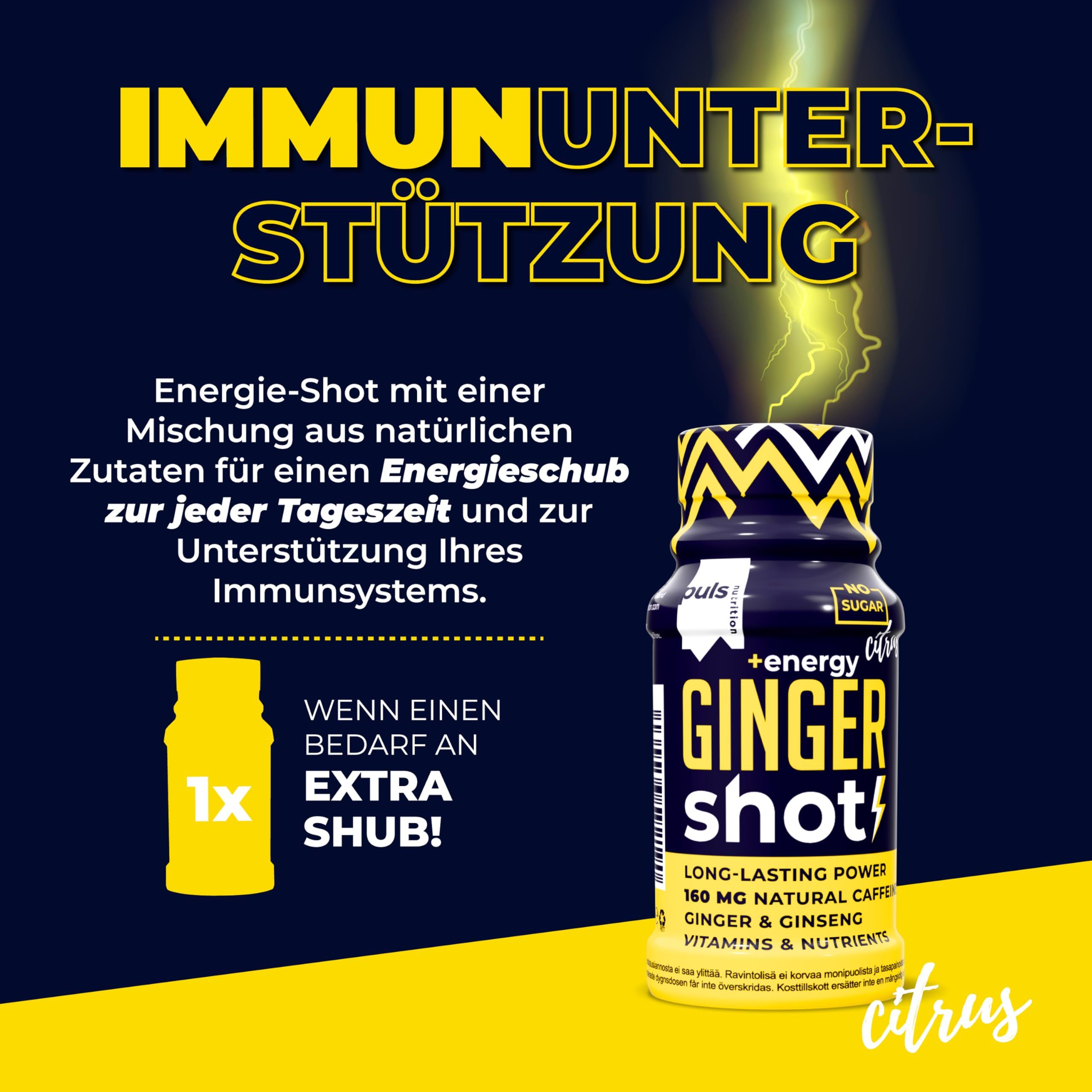 Energie-Shot mit Ingwer, Koffein, Kurkuma und Ginseng zur Immununterstützung.