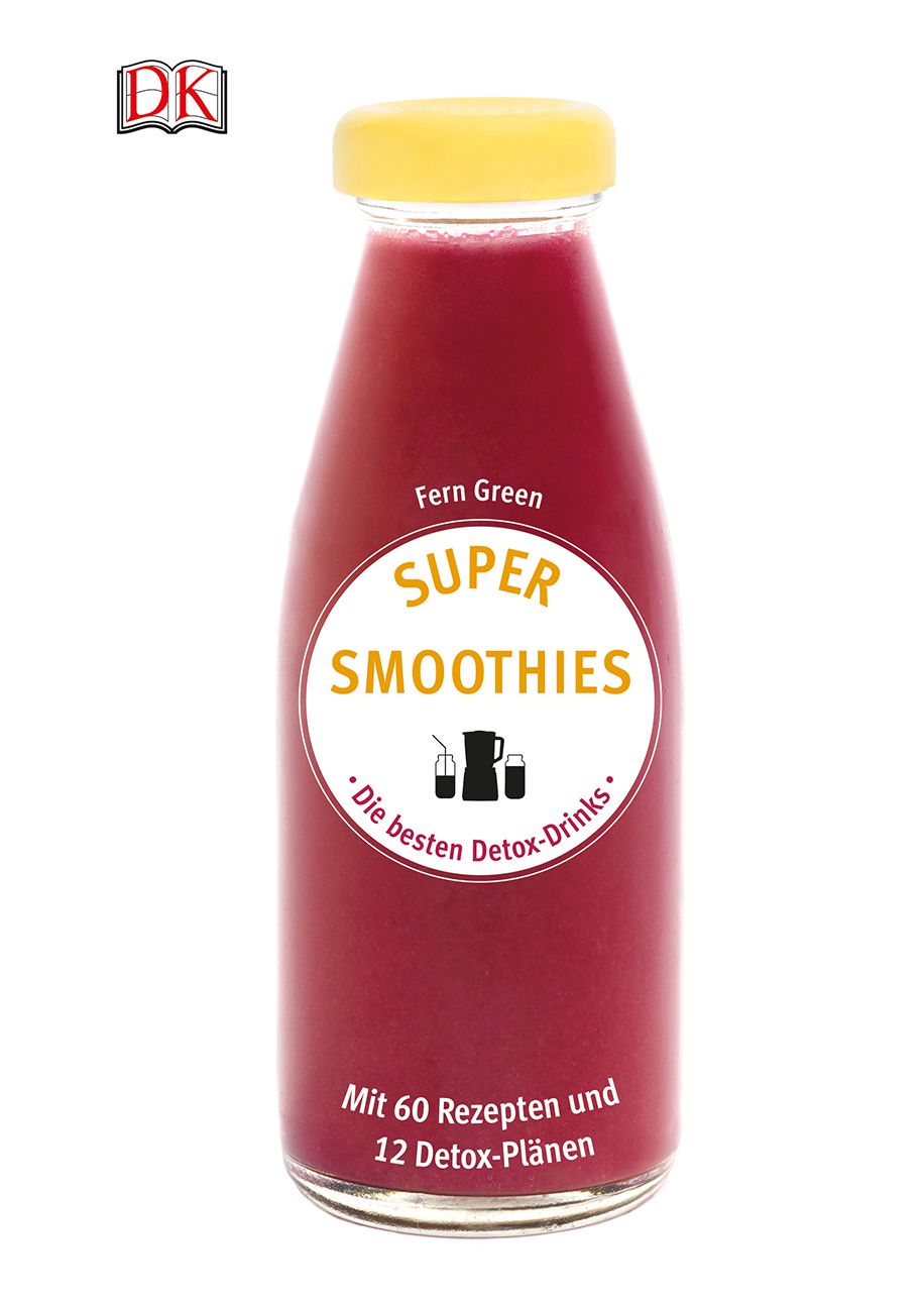 Glasflasche mit rotem Getränk, gelbem Deckel und Etikett mit "Super Smoothies". Text: "Die besten Detox-Drinks".