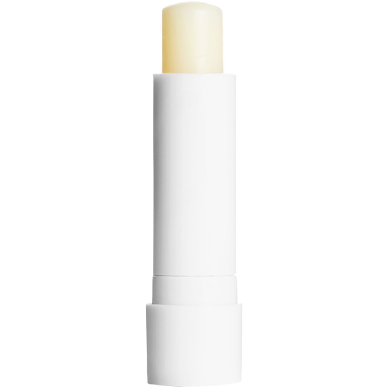 Weißer Lippenpflegestift mit herausgedrehtem, gelbem Pflegestift. Der Stift ist zylindrisch.