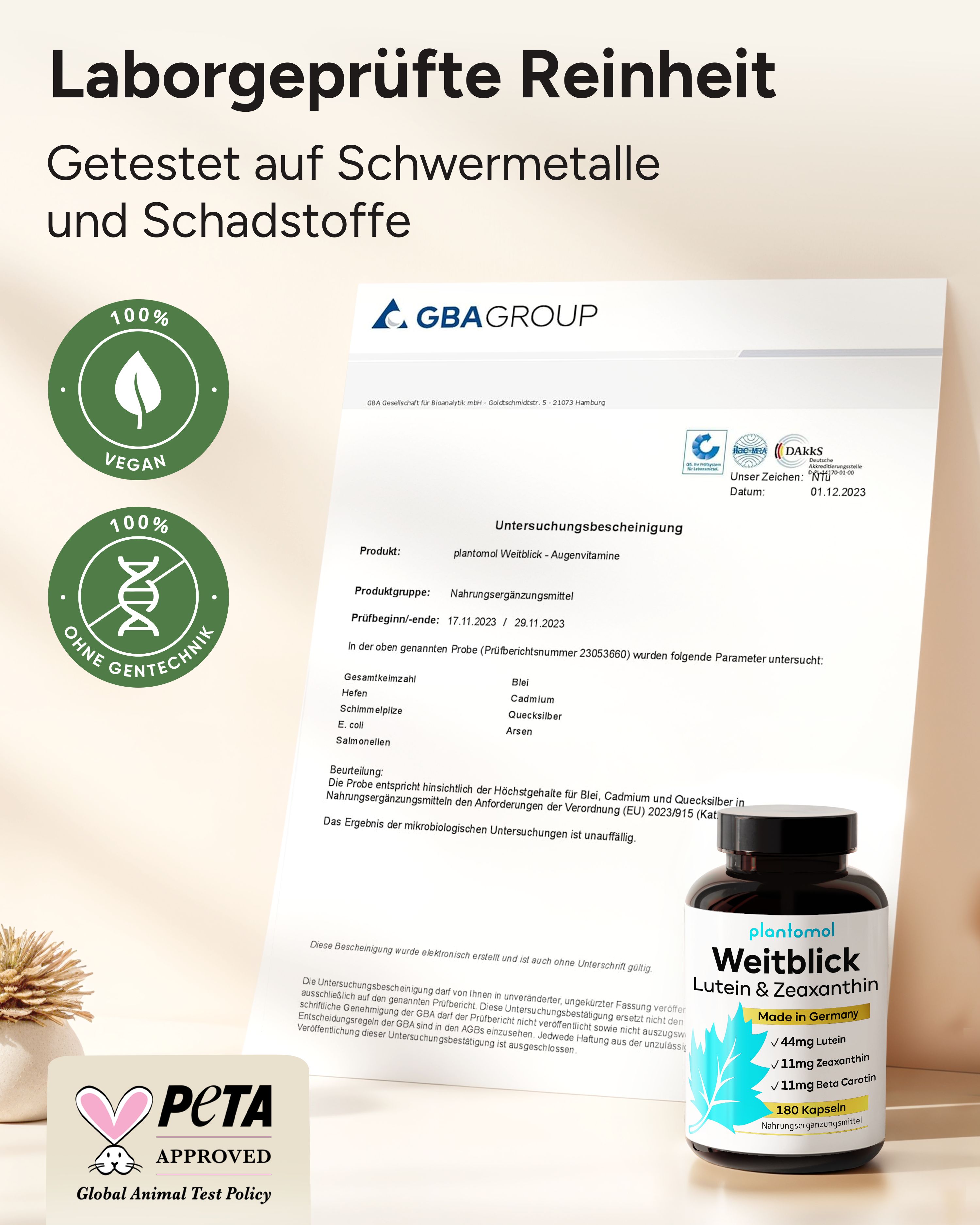 Zertifizierungsdokument mit plantomol® Weitblick Flasche. Siegel: 100% Vegan, Ohne Gentechnik. PETA-Siegel.