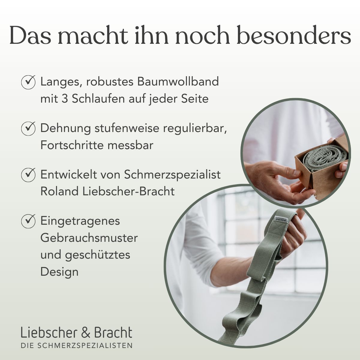 Nahaufnahme eines hellgrünen Bandes mit mehreren Schlaufen, das von Händen gehalten wird.