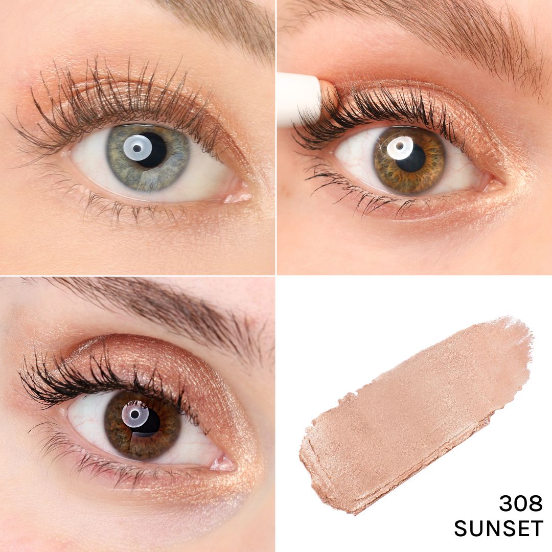 Vier Nahaufnahmen von Augen mit Lidschatten. Ein Produkt-Swatch mit der Aufschrift "308 SUNSET".