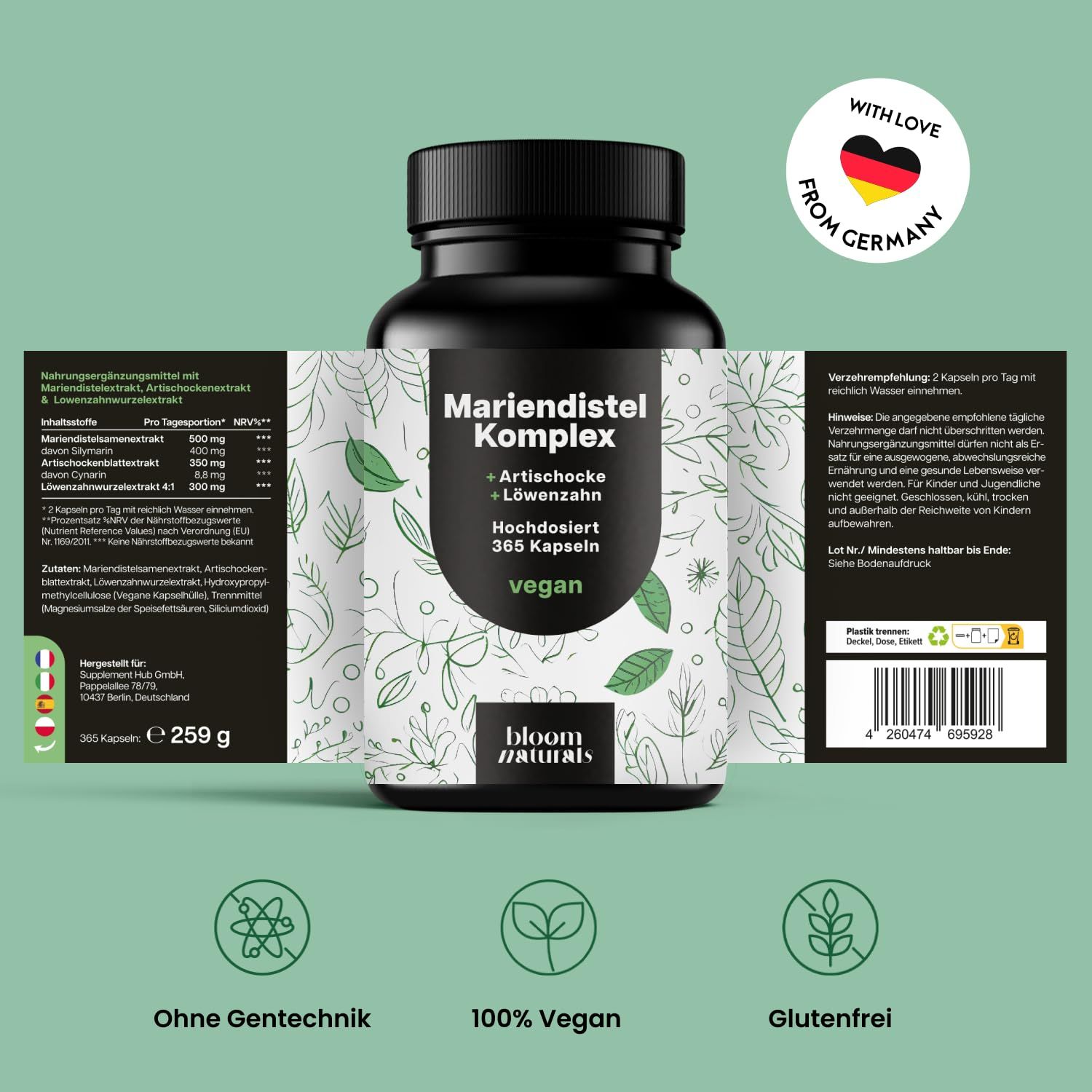 Flasche Mariendistel Komplex, 365 Kapseln, vegan. Text: Ohne Gentechnik, 100% Vegan, Glutenfrei. Mit Liebe aus Deutschland.