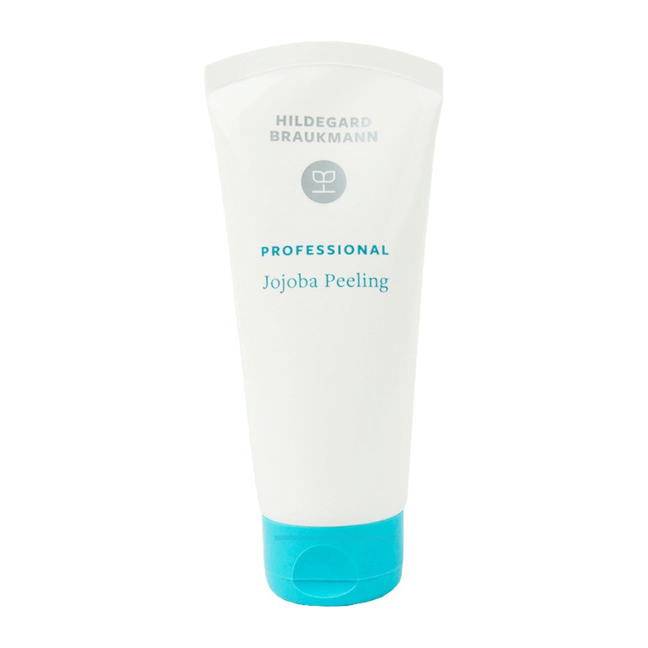 Hildegard Braukmann PROFESSIONAL Jojoba Peeling Tube. Weiß, mit blauem Verschluss. Produktbezeichnung und Logo.