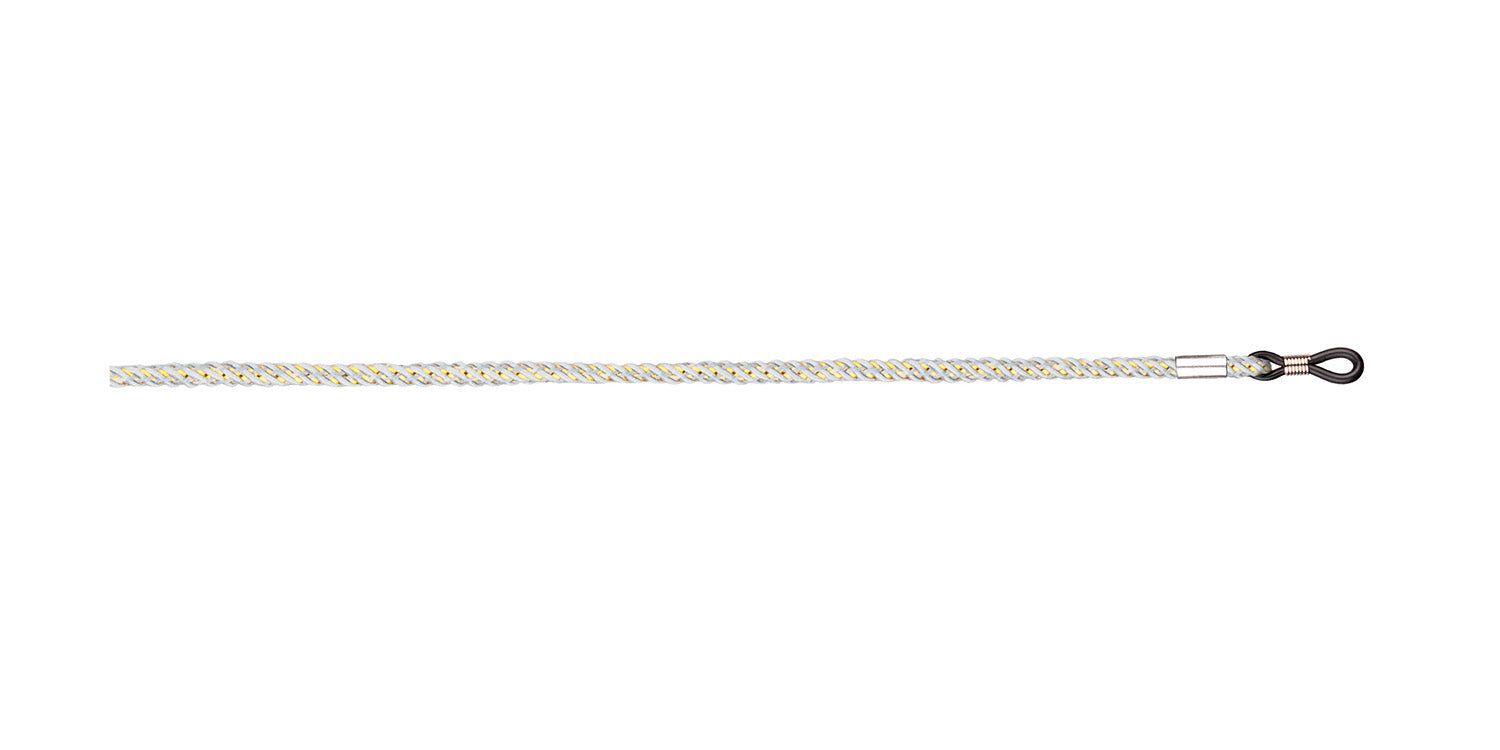 Brillenband, geflochtenes Seil, beige-grau. Metallenden mit Schlaufen. Auf weißem Hintergrund.