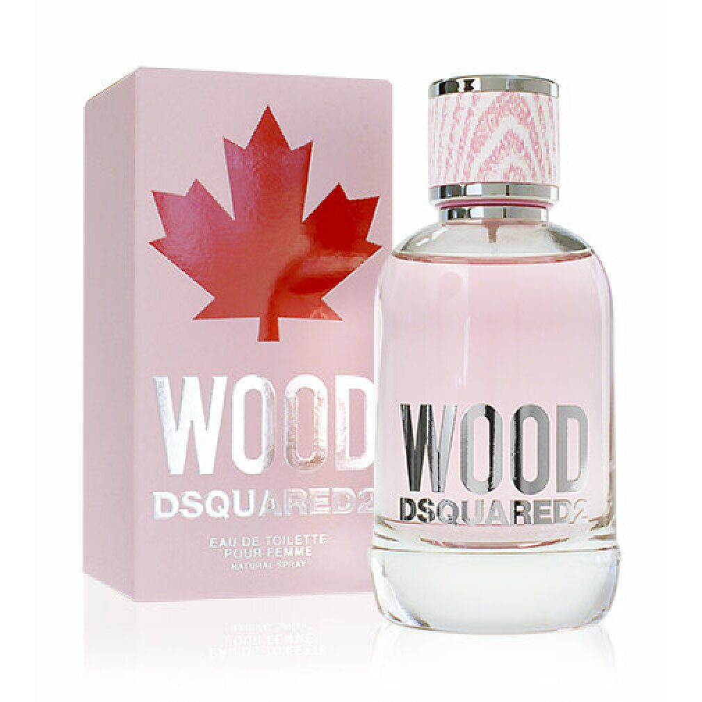 Dsquared2 Wood Eau de Toilette Flakon und Verpackung mit rotem Ahornblatt.