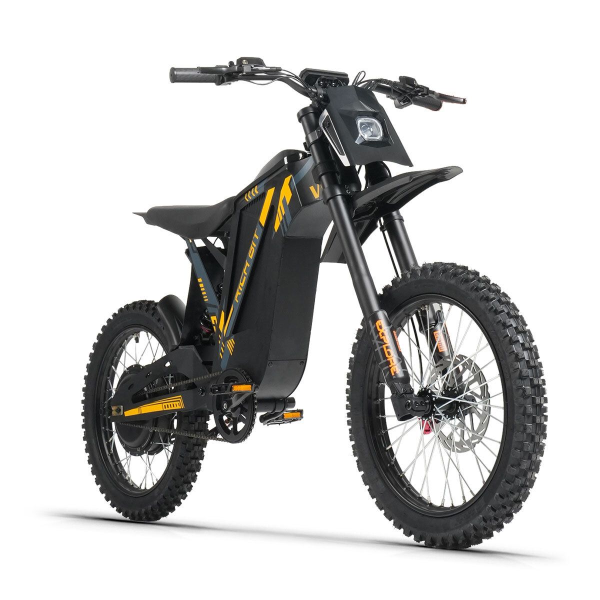 Schwarzes E-Dirtbike, diagonale Ansicht. Gelbe Akzente, Offroad-Reifen, Scheibenbremsen. RICH BIT V9 Ultra.