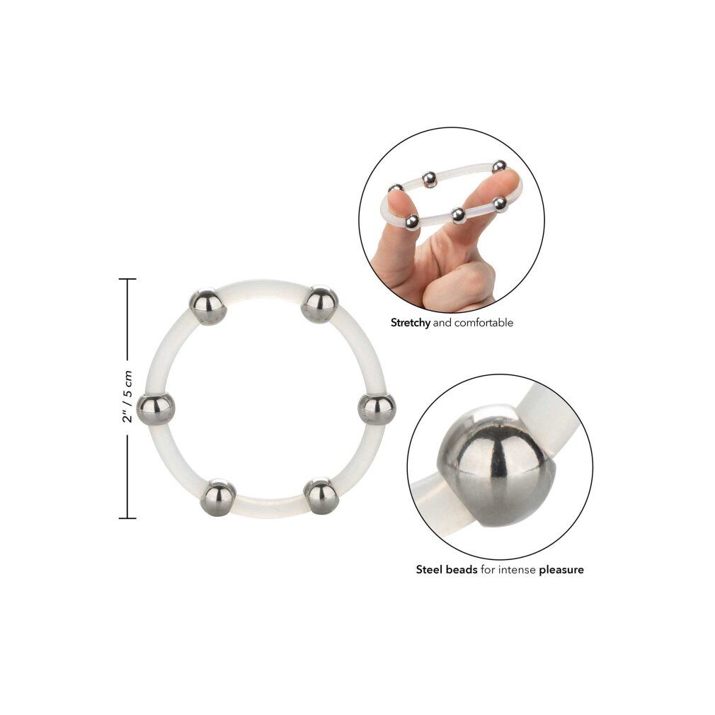 Ein transparenter Ring mit sechs Stahlkugeln, 5 cm Durchmesser.