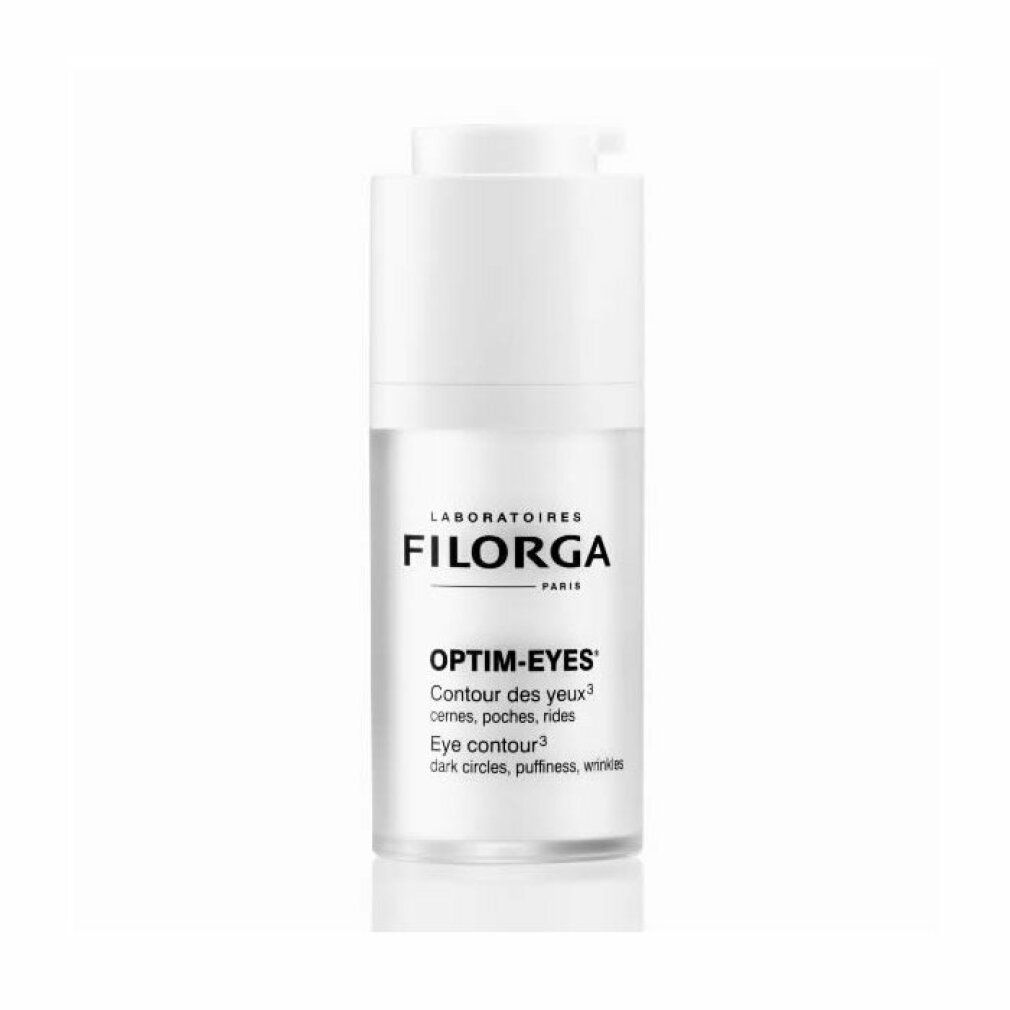 Weißer Filorga Optim-Eyes Augenkonturen Pflege-Spender. Mit Pumpkopf und Produktbezeichnung.