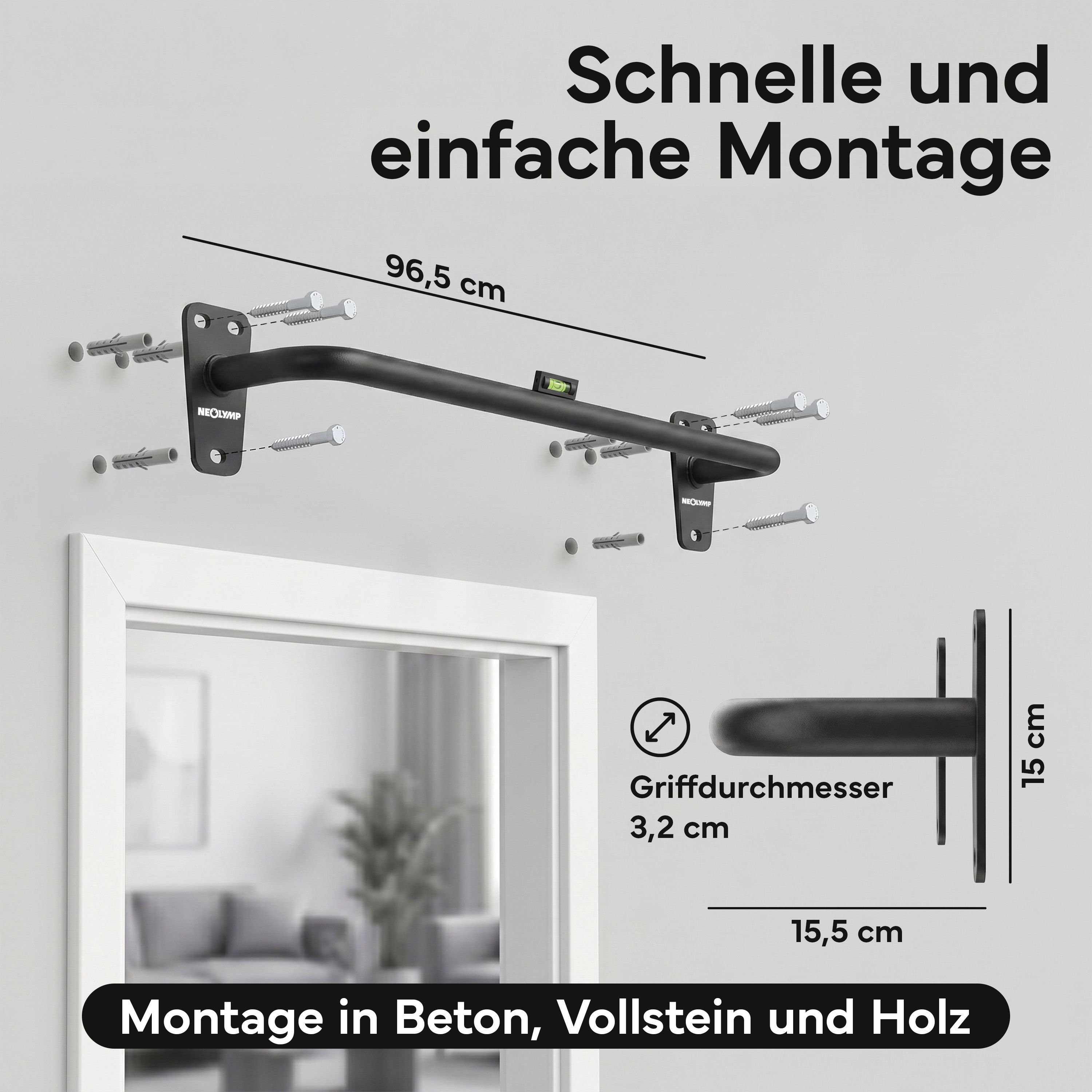 Schwarze Klimmzugstange, 96,5 cm lang, mit 3,2 cm Griffdurchmesser. Montagehinweise für Beton, Vollstein und Holz.