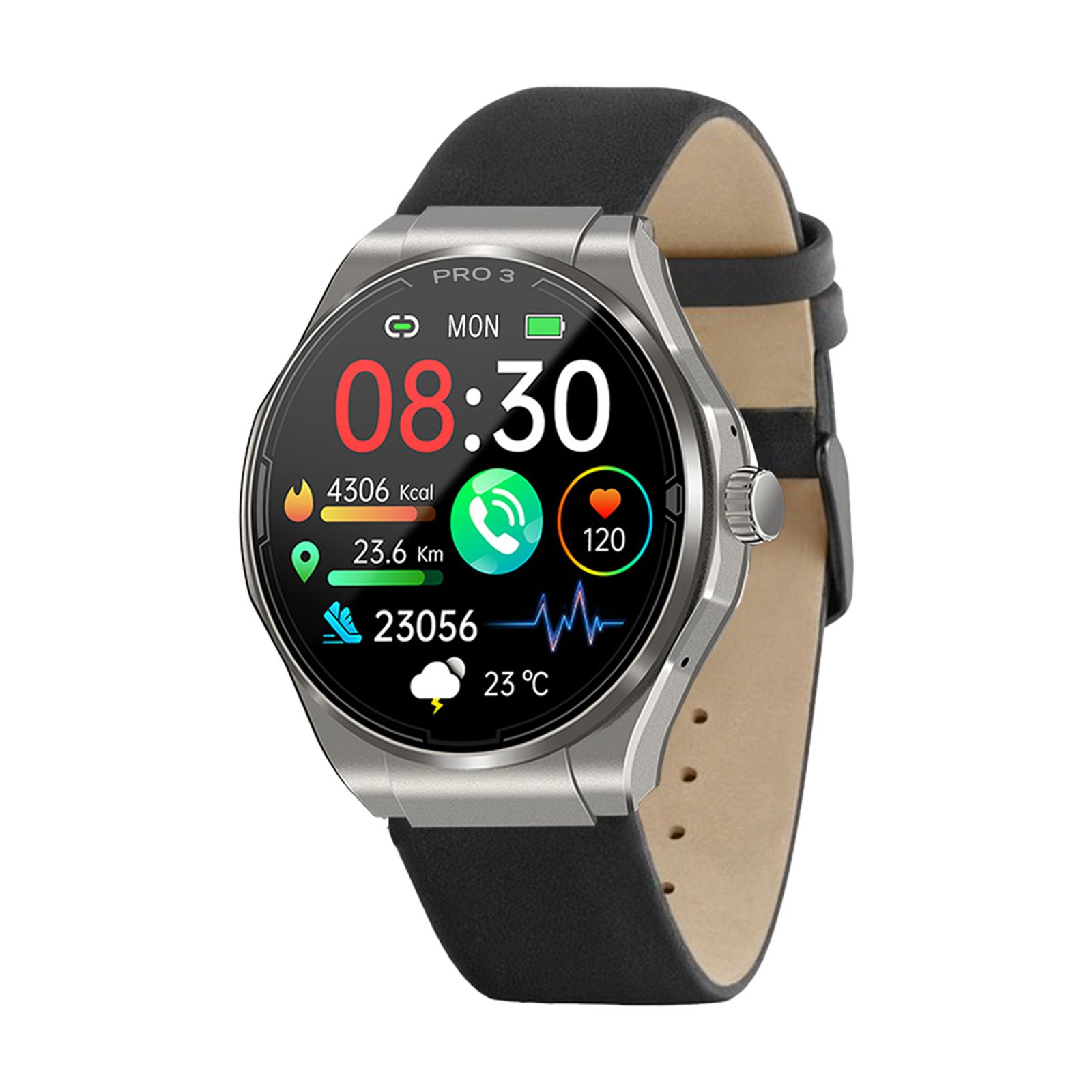 Smartwatch mit rundem Display, silbernem Gehäuse und schwarzem Lederarmband. Zeigt Uhrzeit, Gesundheitsdaten und PRO 3.