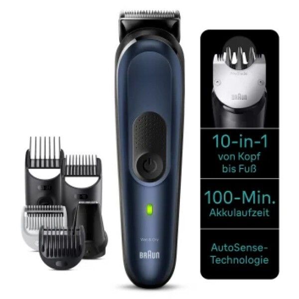 Blauer Trimmer mit Zubehör: Aufsätze, Trimmerköpfe. Text: 10-in-1, 100-Min. Akkulaufzeit, AutoSense-Technologie. Marke: Braun.