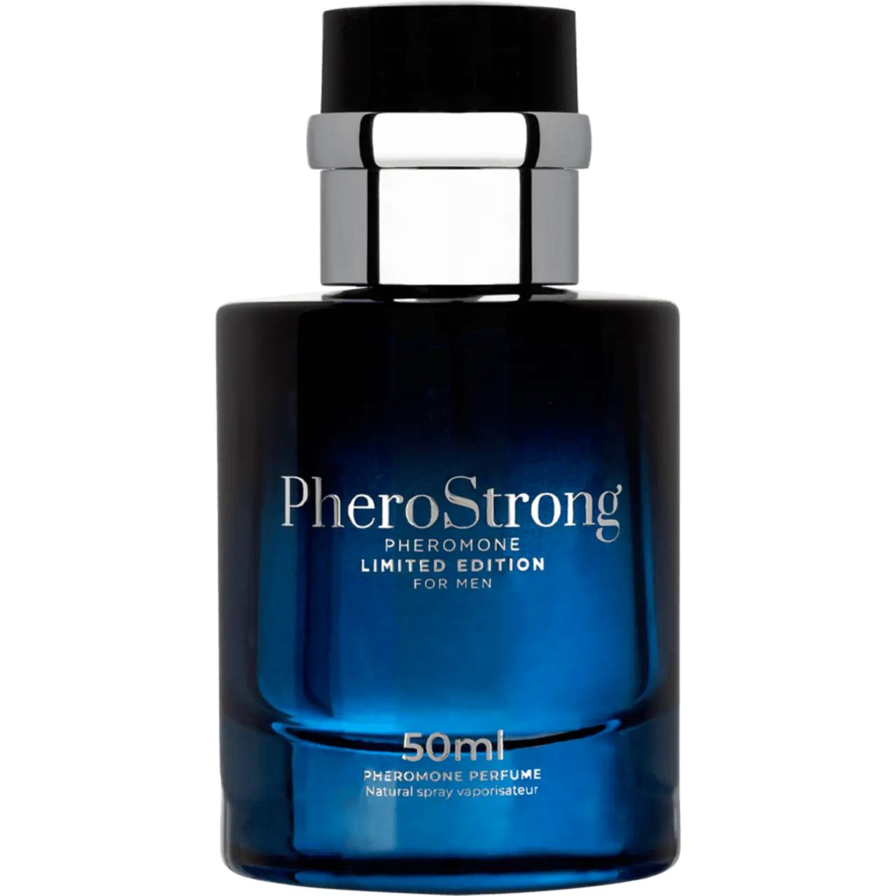 Blaues Parfümflakon mit silbernem Verschluss. Aufschrift: PheroStrong, Limited Edition, For Men. Unterhalb: 50ml.
