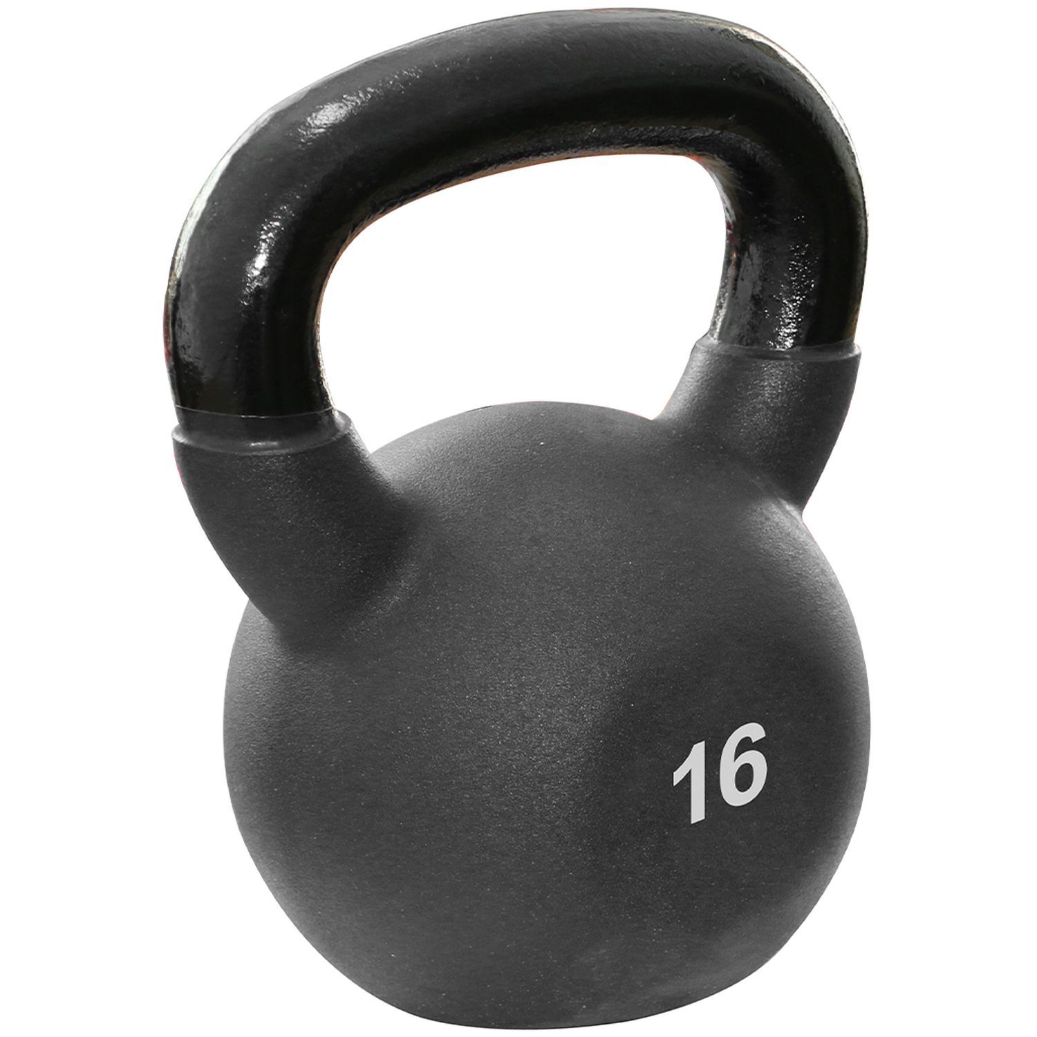 Schwarze Kettlebell mit schwarzem Griff. Gewicht: 16. Kugelförmiger Körper mit Griff.