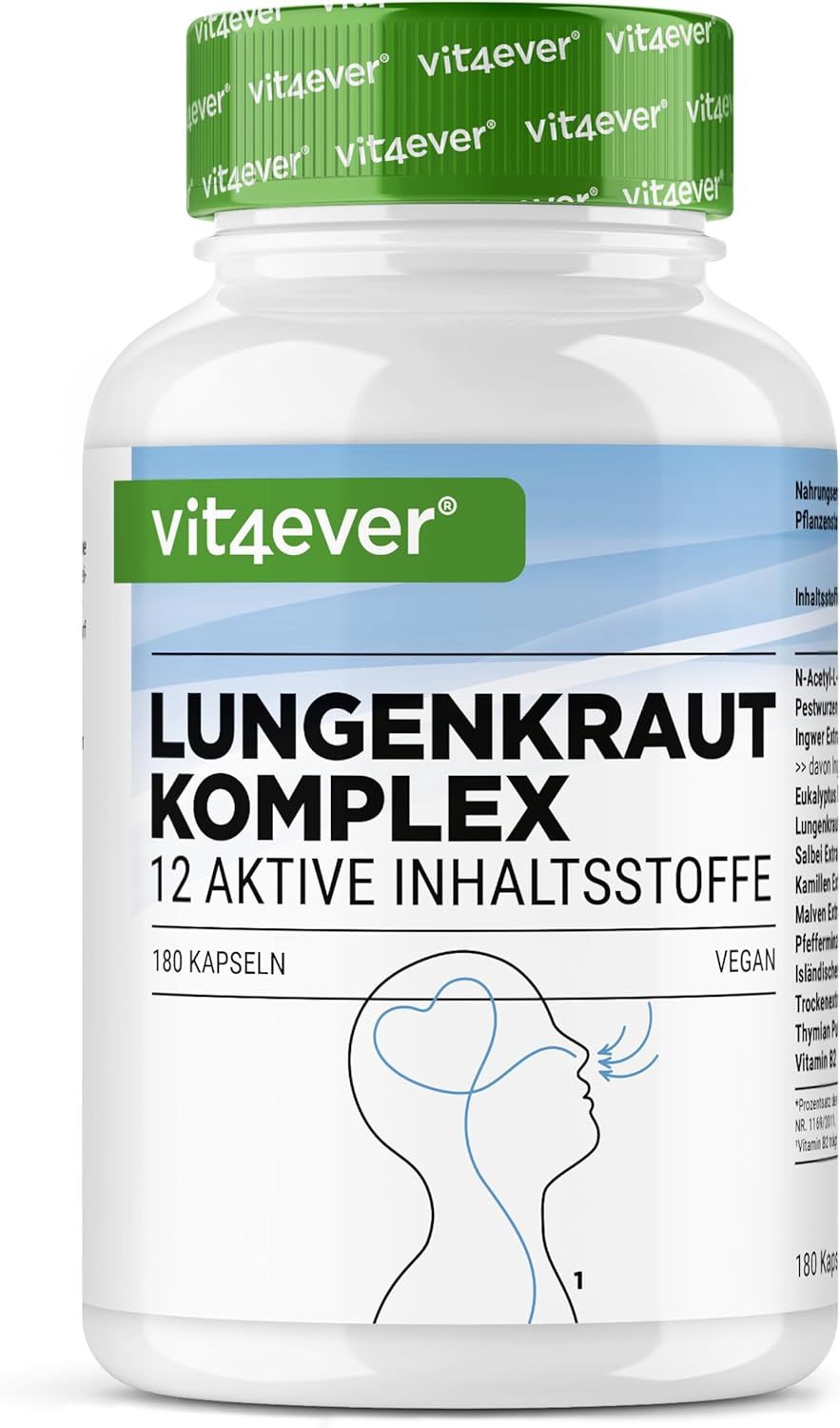Weiße Flasche mit grünem Deckel. Aufschrift: vit4ever Lungenkraut Komplex, 12 aktive Inhaltsstoffe, 180 Kapseln, vegan.