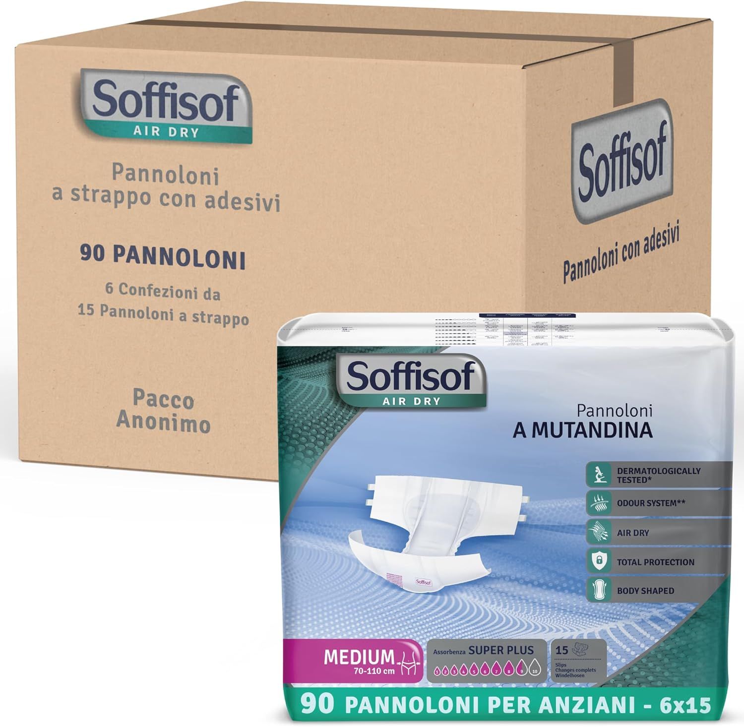 Soffisof Air Dry Windeln und Karton. 90 Stück. 6 Packungen à 15. Anonyme Verpackung. Für Erwachsene.