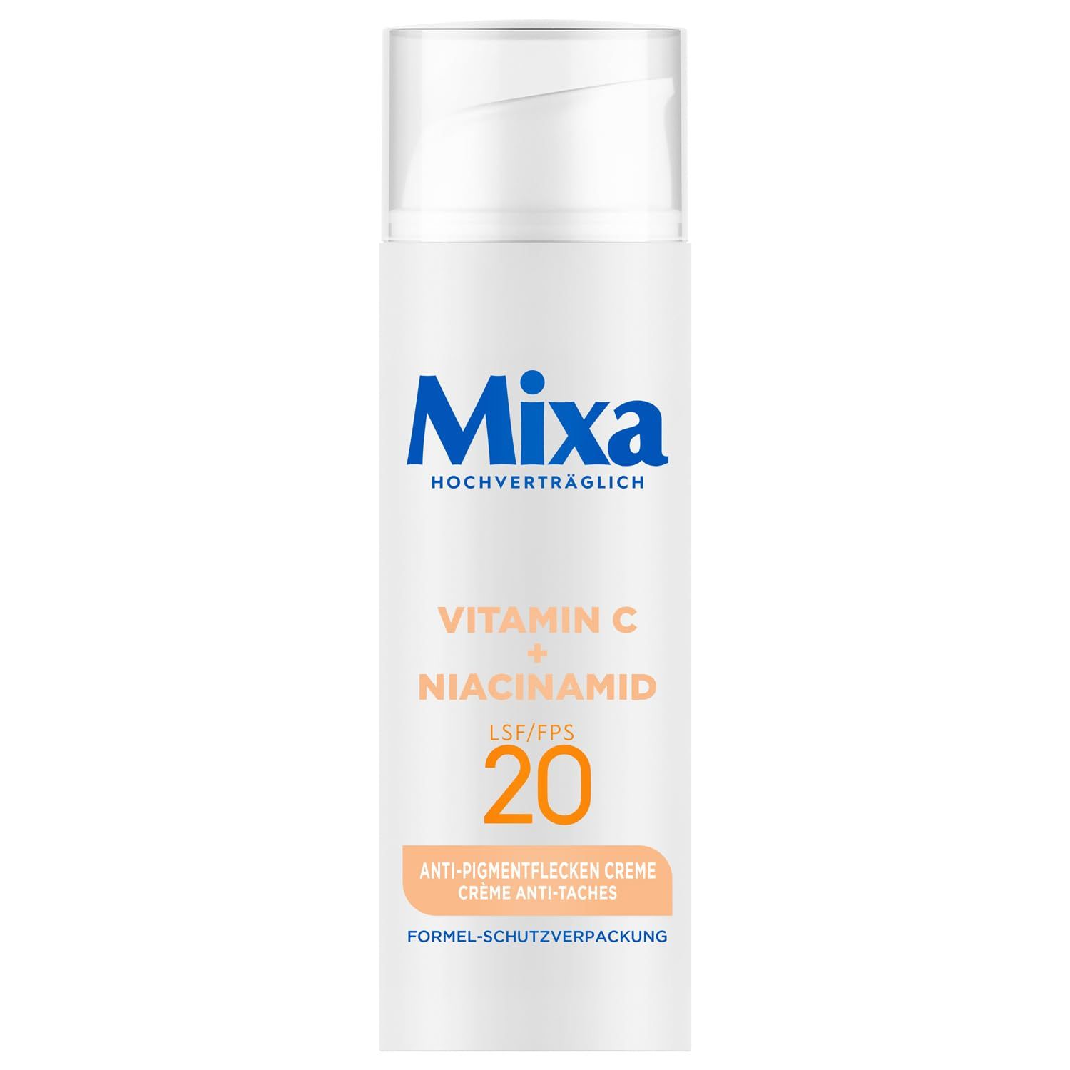 Mixa Creme. Vitamin C + Niacinamid, LSF 20. Anti-Pigmentflecken Creme. Formel-Schutzverpackung.