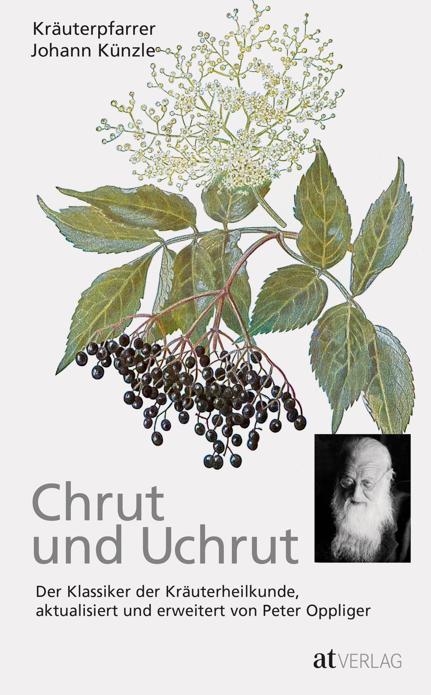 Buchcover mit Illustration von Holunderzweig und Beeren. Titel: Chrut und Uchrut. Autor: Johann Künzle. Verlag: atVERLAG.
