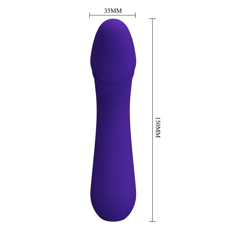 Lila Vibrator. Abgerundete Spitze. Maße: 150mm lang, 35mm breit. Glatte Oberfläche.