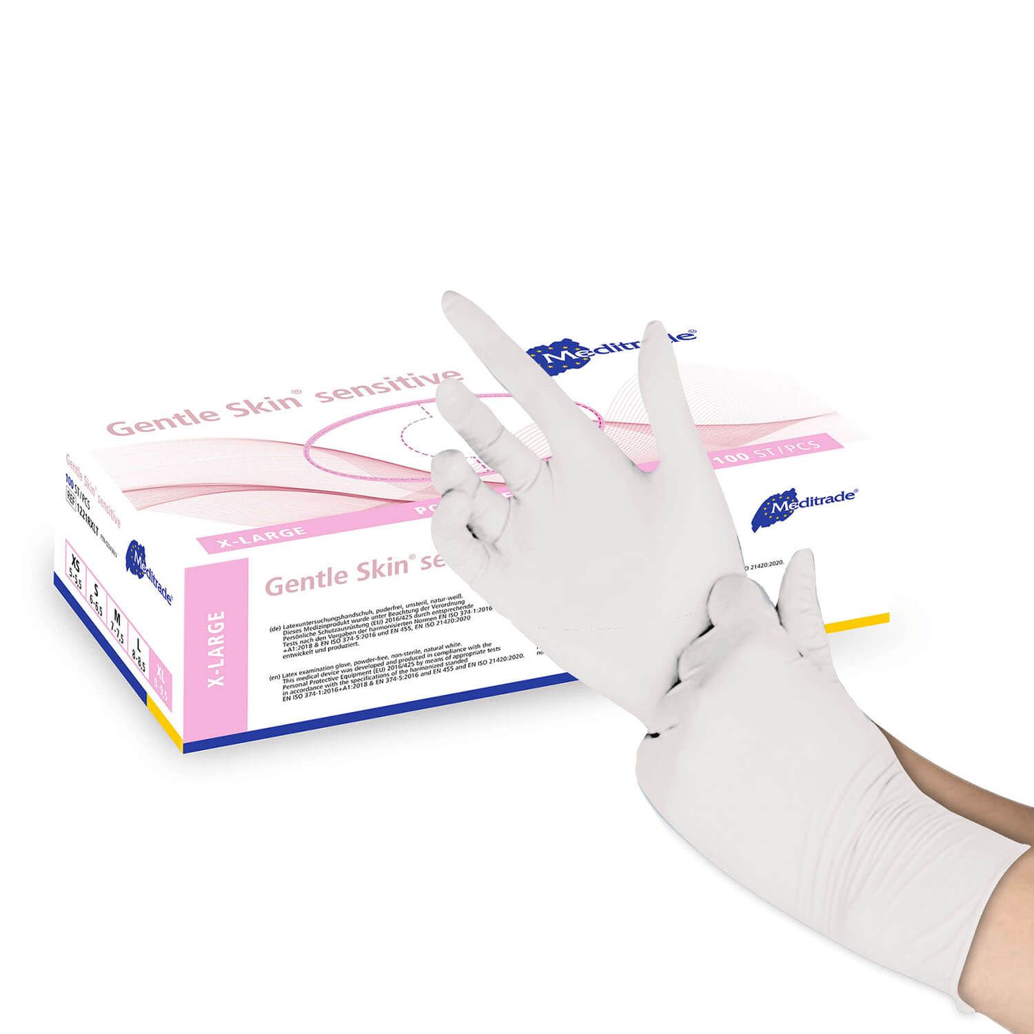 Weiße Latex-Einmalhandschuhe werden angezogen. Auf der Verpackung steht "Gentle Skin sensitive". Marke: Meditrade.