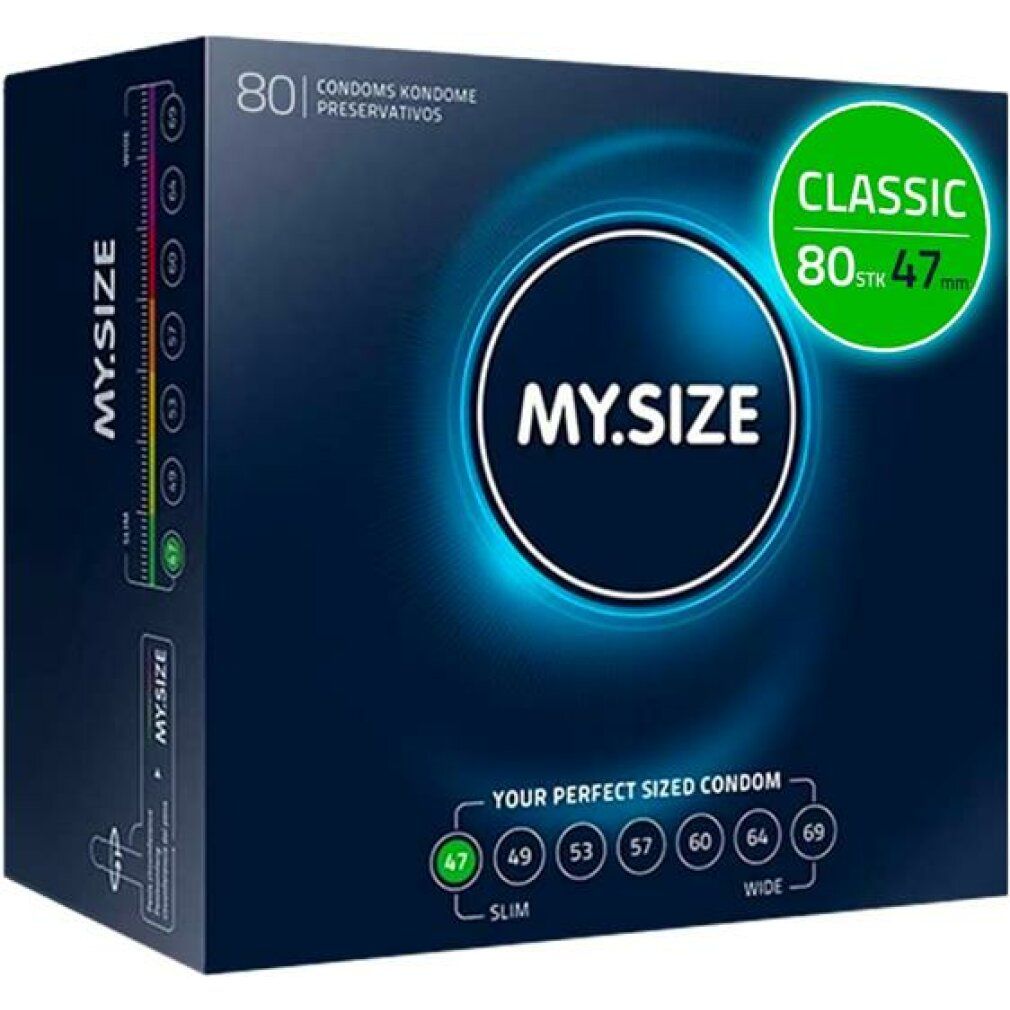 Verpackung mit MY.SIZE PRO Logo. Enthält 80 Kondome, 47 mm. Aufdruck: CLASSIC. Größenangaben: 47-69 mm.