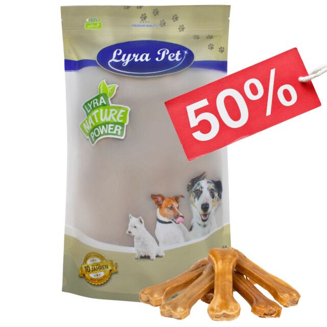 Verpackung mit Lyra Pet Kauknochen. Aufdruck: Lyra Nature Power, 50% Rabatt. Abbildung von Hunden.