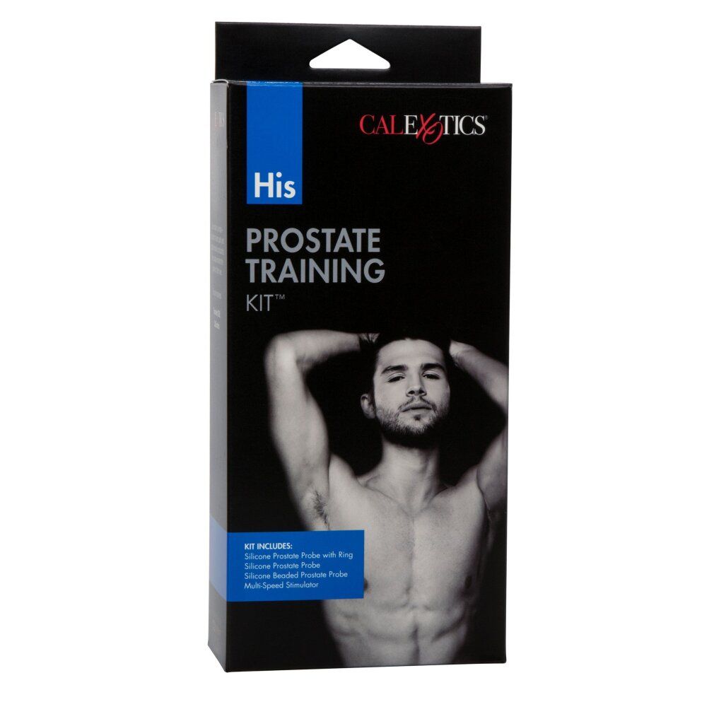 Schwarze Verpackung mit Produkt-Set. Aufschrift: His Prostate Training Kit. Marke: Calexotics. Abgebildet: Mann. Enthält: Zubehör.