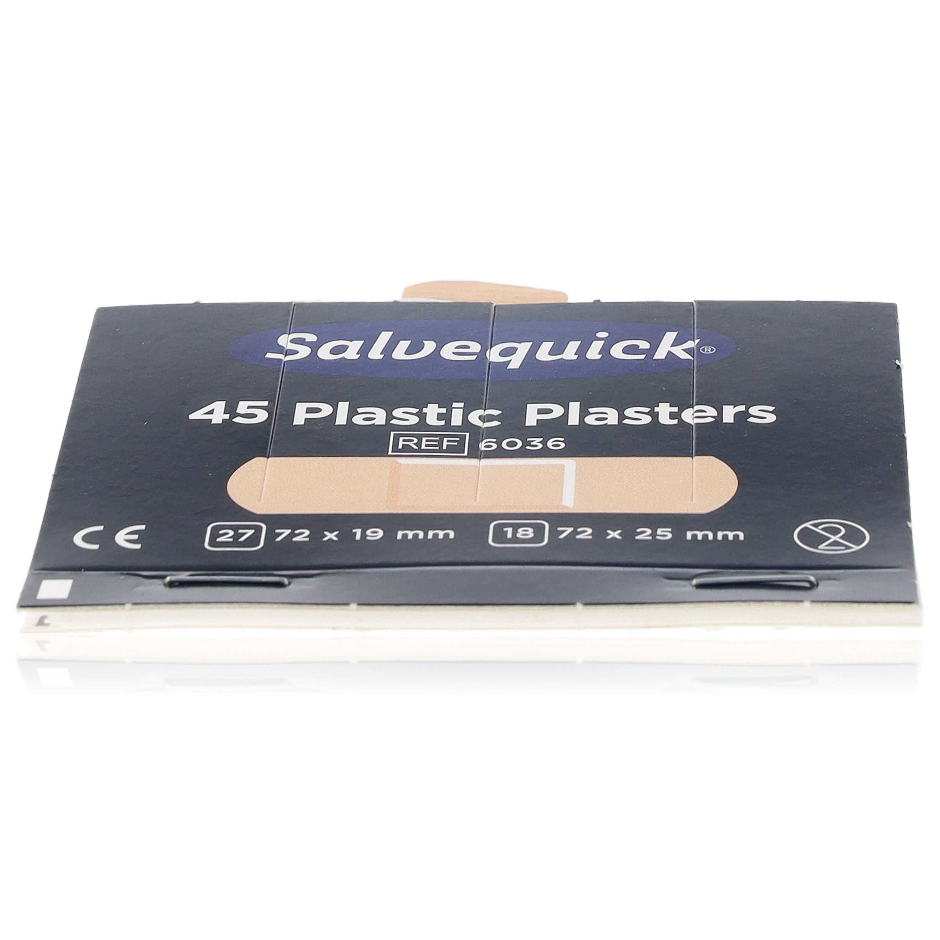 Salvequick Pflasterpackung. Enthält 45 Kunststoffpflaster, REF 6036. Größen: 27 x 72 x 19 mm, 18 x 72 x 25 mm. CE-Kennzeichnung.