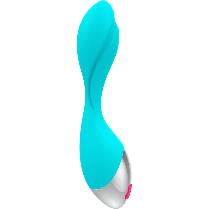 Türkisfarbener Vibrator mit silbernem Kopf und pinkfarbenem Knopf. Geschwungene Form.