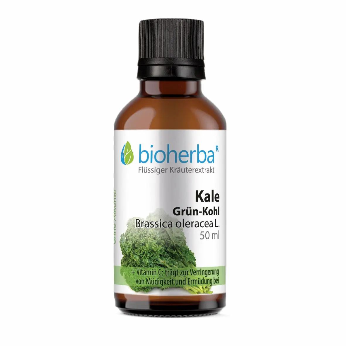 Braune Glasflasche mit schwarzem Deckel. Etikett mit Produktnamen, Logo und Abbildung von Grünkohl. Text: Bioherba, Kale Grün-Kohl.