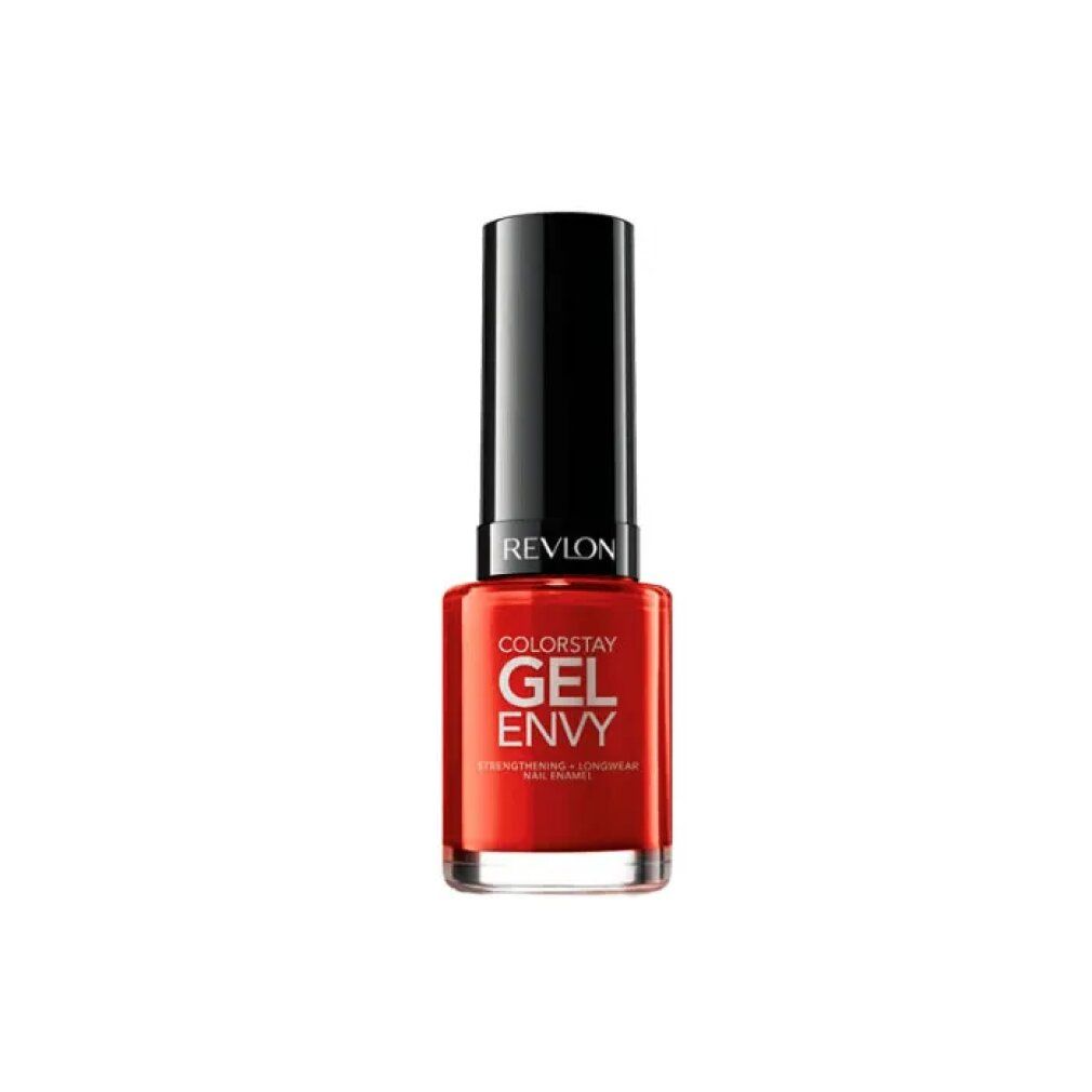 Nagellackflasche, rot. Schwarzer Deckel. Aufschrift: Revlon Colorstay Gel Envy.