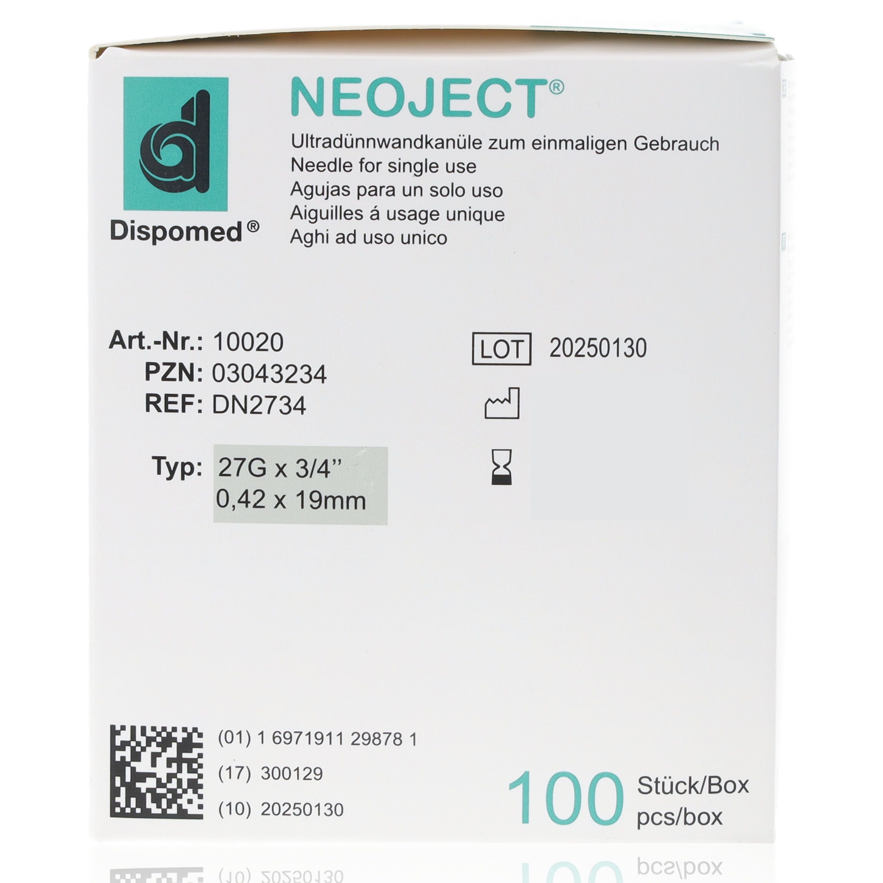 Verpackung von NEOJECT® Ultradünnwandkanülen. Aufdrucke: Art.-Nr., LOT, REF, Typ 27G x 3/4", 0,42 x 19mm, 100 Stück/Box.