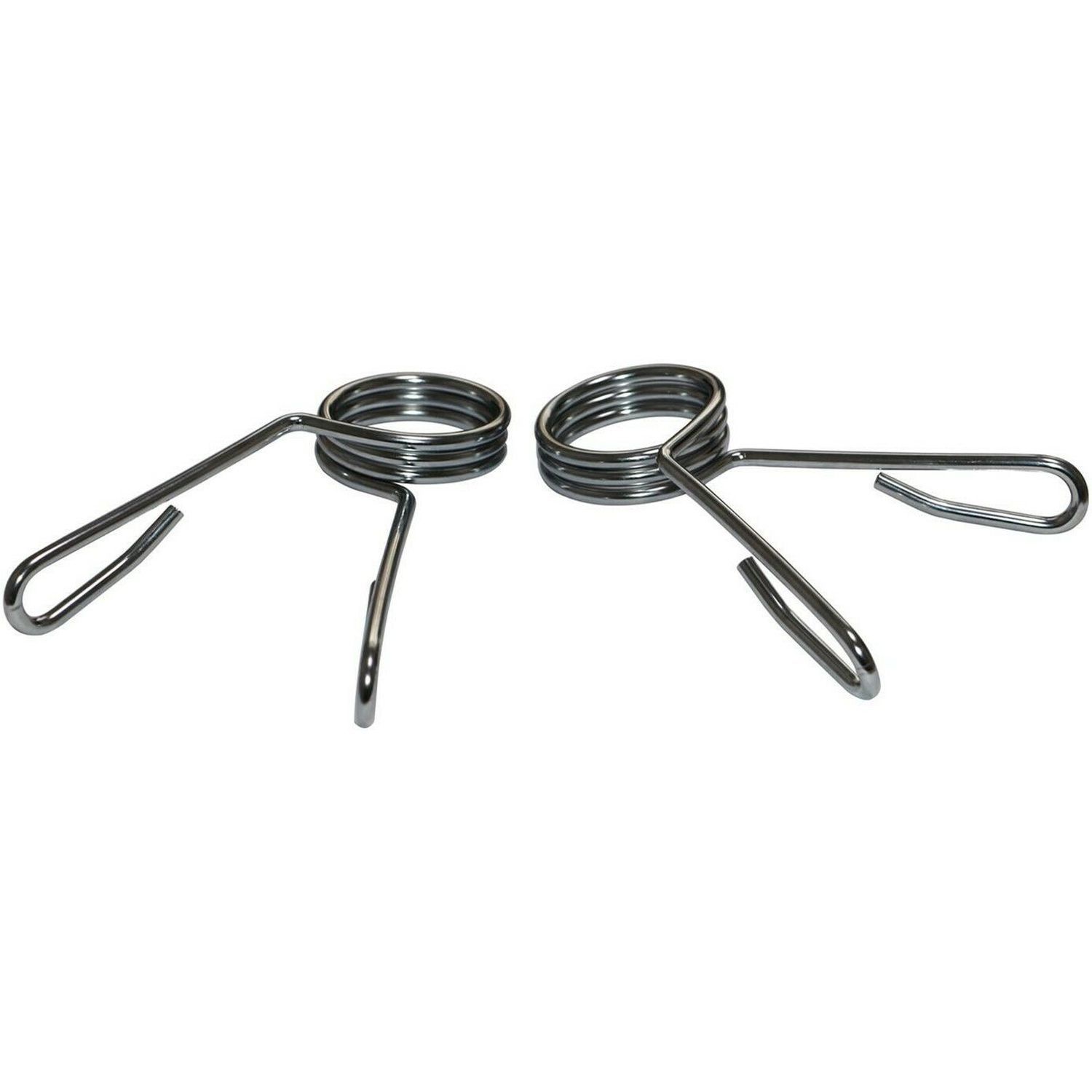Zwei Federverschlüsse für Hantelstangen. Metall, silberfarben. Spiralförmige Verschlüsse mit Griffen.