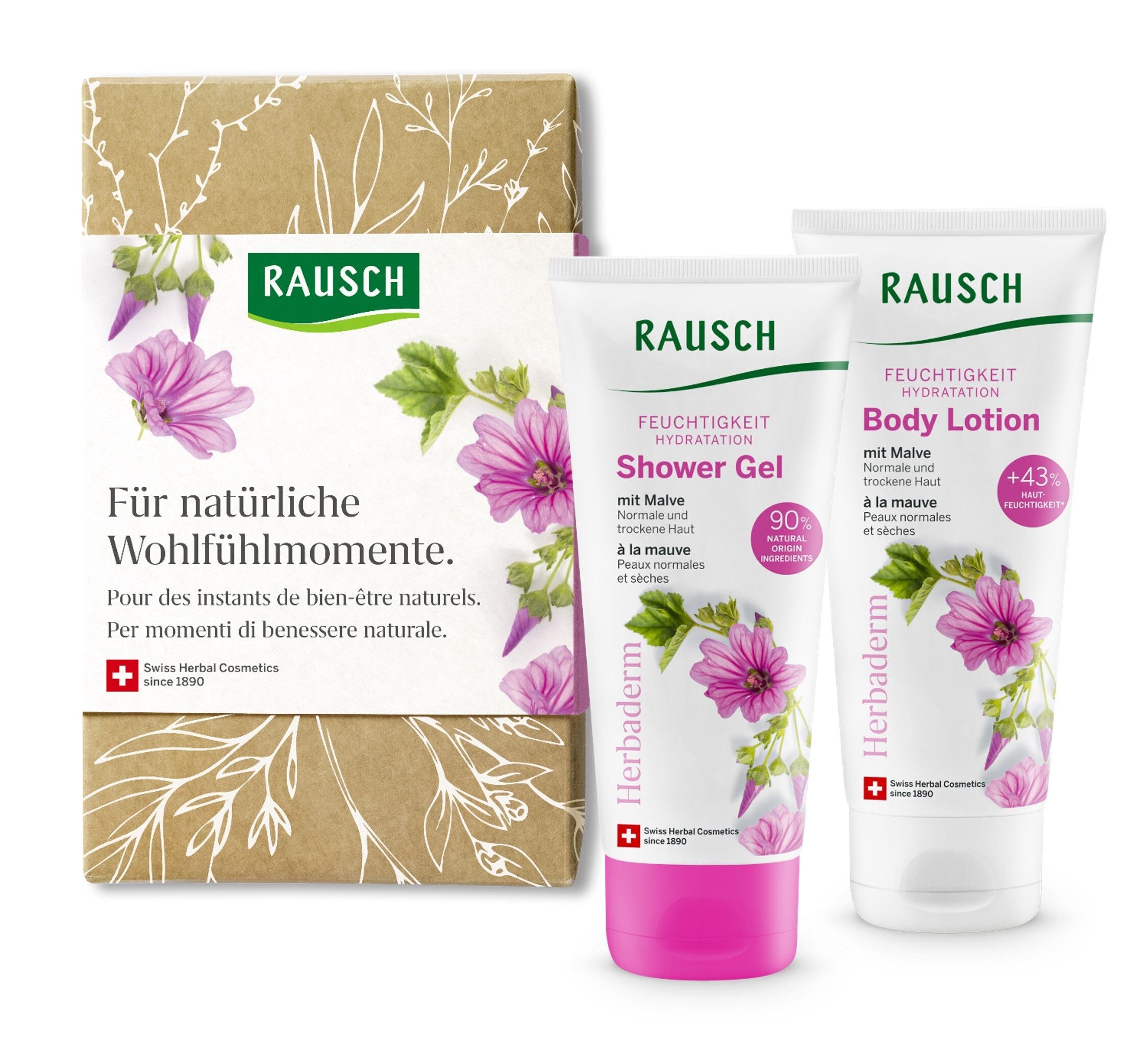 Geschenkset mit Duschgel, Body Lotion und Verpackung. Produkte mit Text und Logo. Floral Design.
