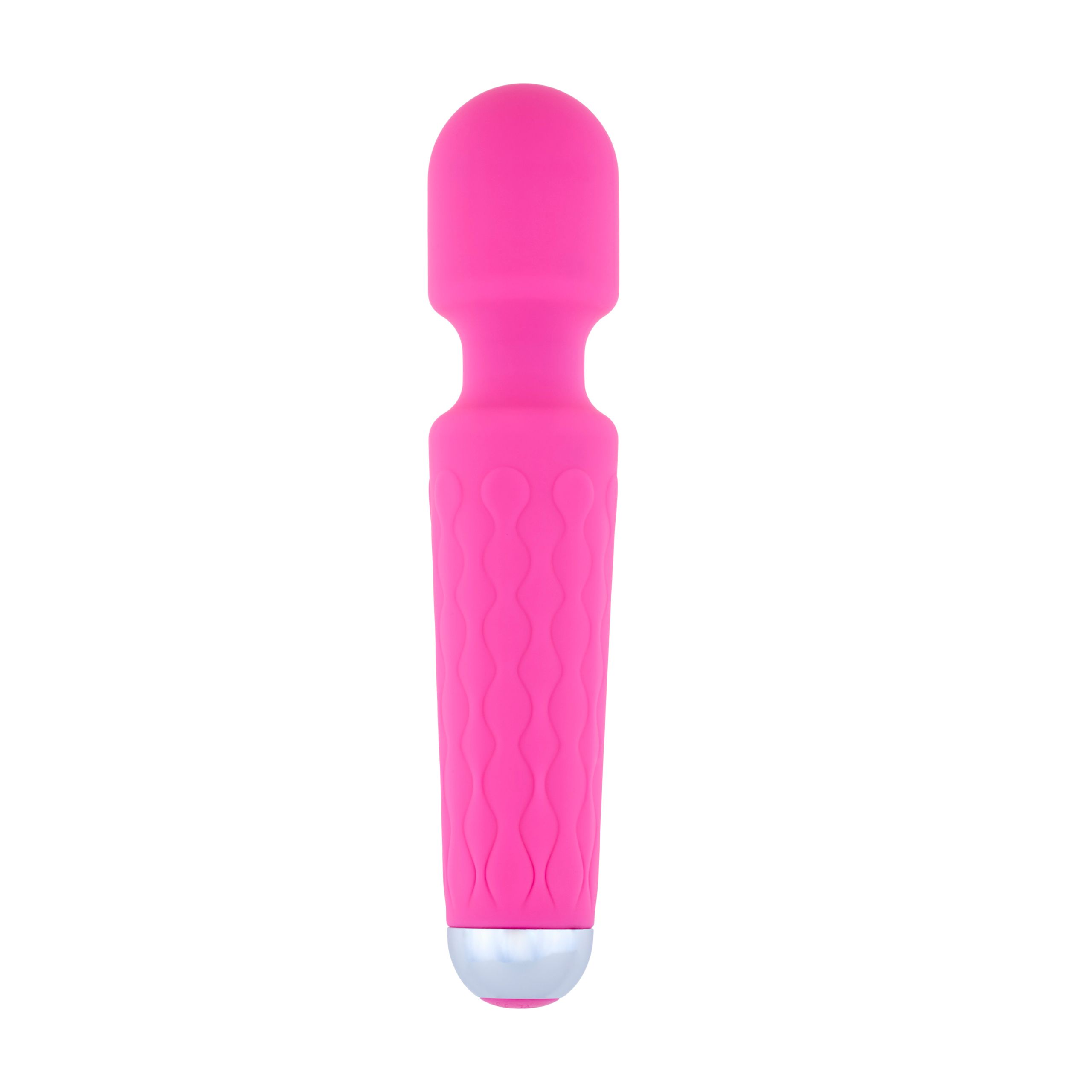 Pinkfarbener Vibrator mit wellenförmiger Textur am Griff. Silberfarbene Spitze. Oberteil rund.