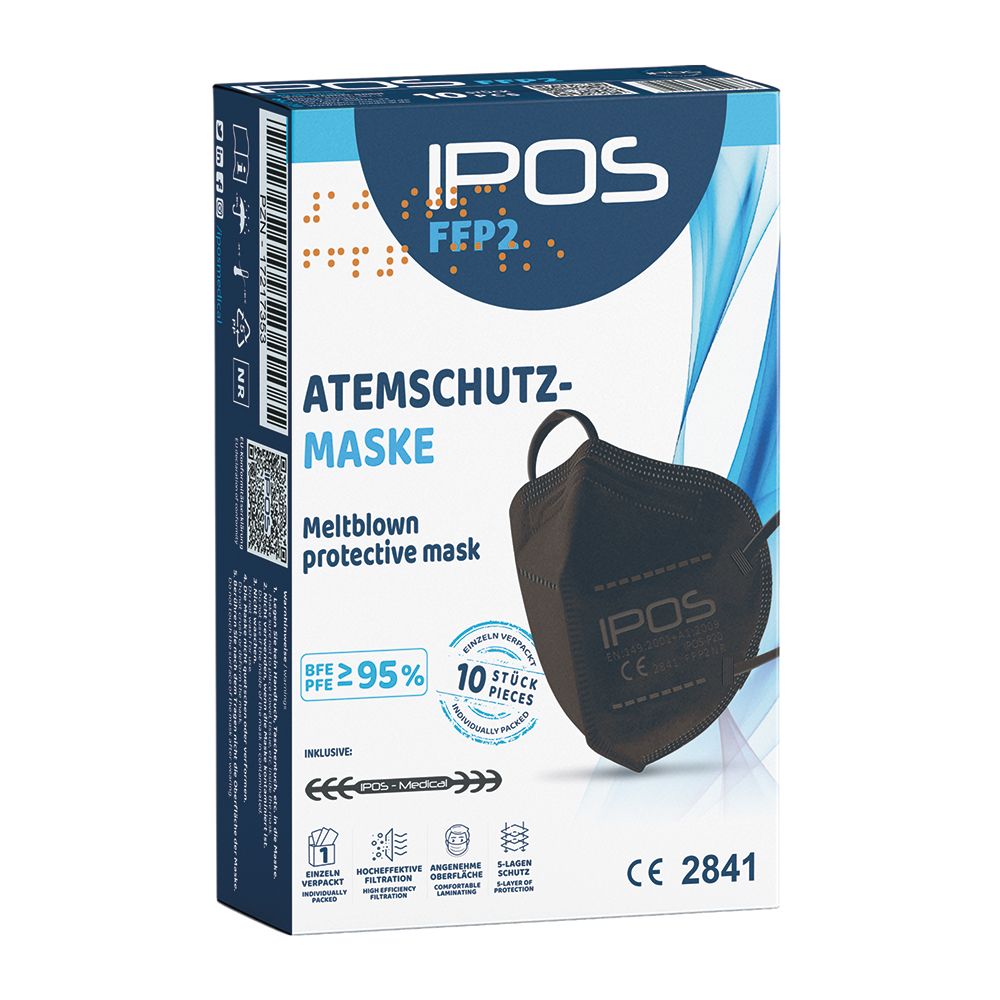 Verpackung mit schwarzer IPOS FFP2-Atemschutzmaske. Text: 'ATEMSCHUTZMASKE', 'Meltblown protective mask'. 10 Stück. CE-Kennzeichnung.