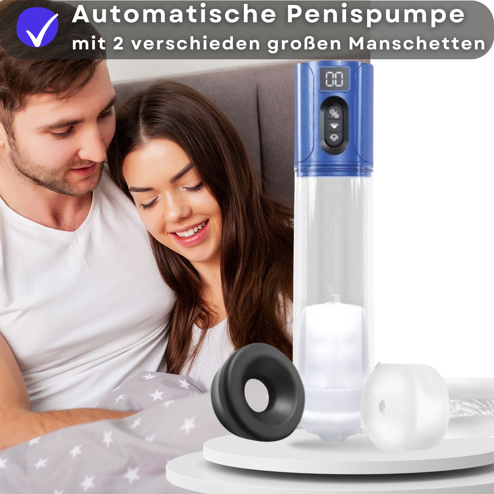 Penispumpe mit Text. Gesamtlänge 36 cm, max. 23 cm Einführtiefe. Maße: 8 cm, 23 cm, 36 cm. Blaue Spitze.