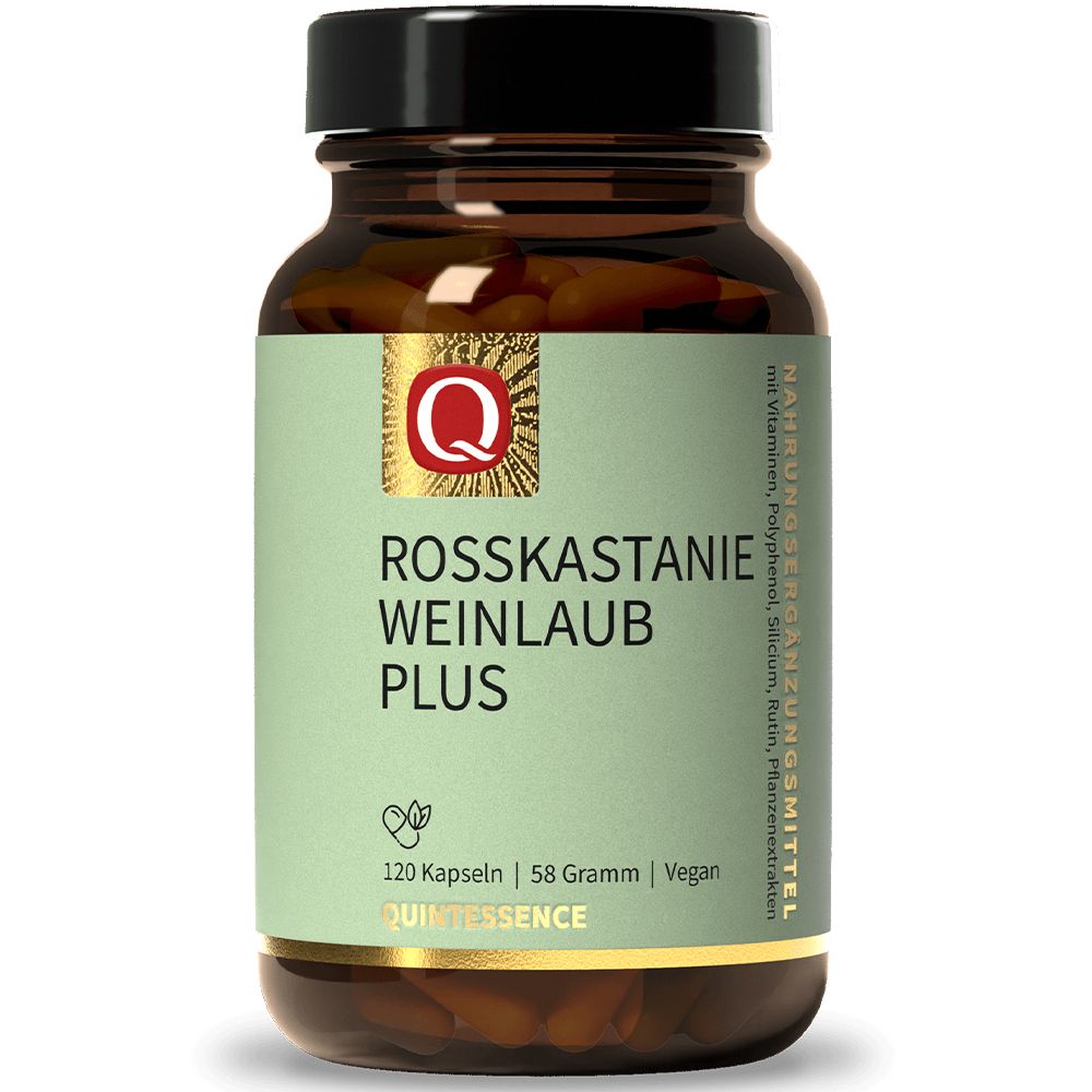 Braune Glasflasche mit grünem Etikett: Rosskastanie Weinlaub Plus, 120 Kapseln, 58 Gramm, Vegan.