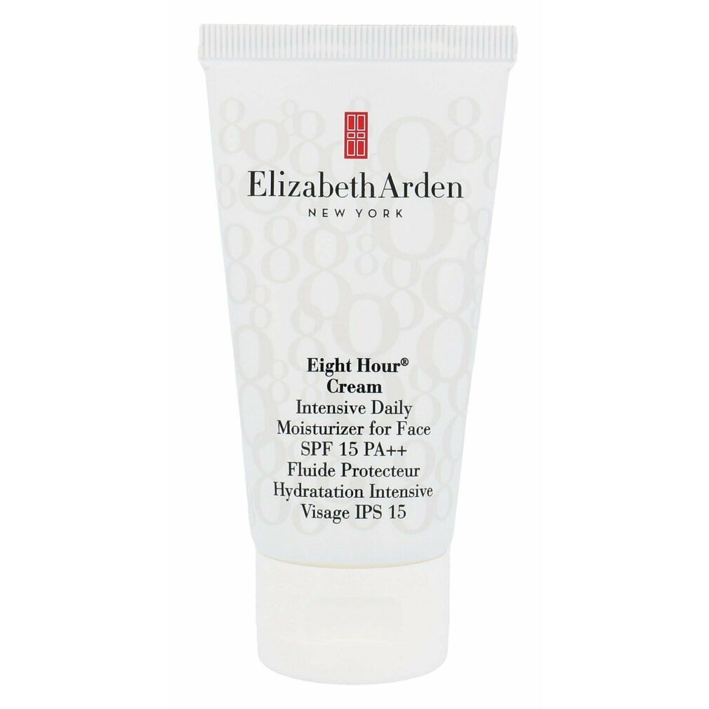 Weiße Tube Elizabeth Arden Eight Hour Cream. Text: Intensive Daily Moisturizer for Face SPF 15 PA++. Rotes Logo.