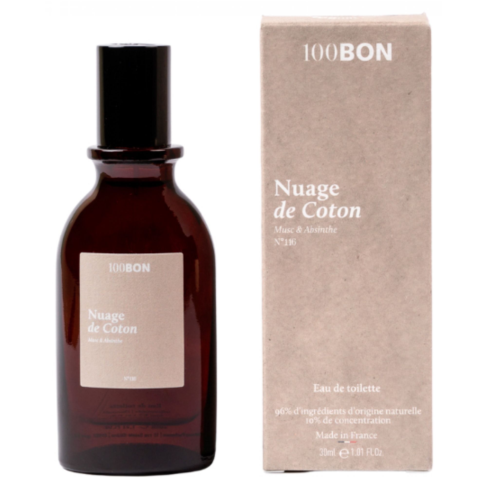 Braune Glasflasche mit schwarzem Verschluss und Kartonverpackung. Etikett zeigt 'Nuage de Coton'.
