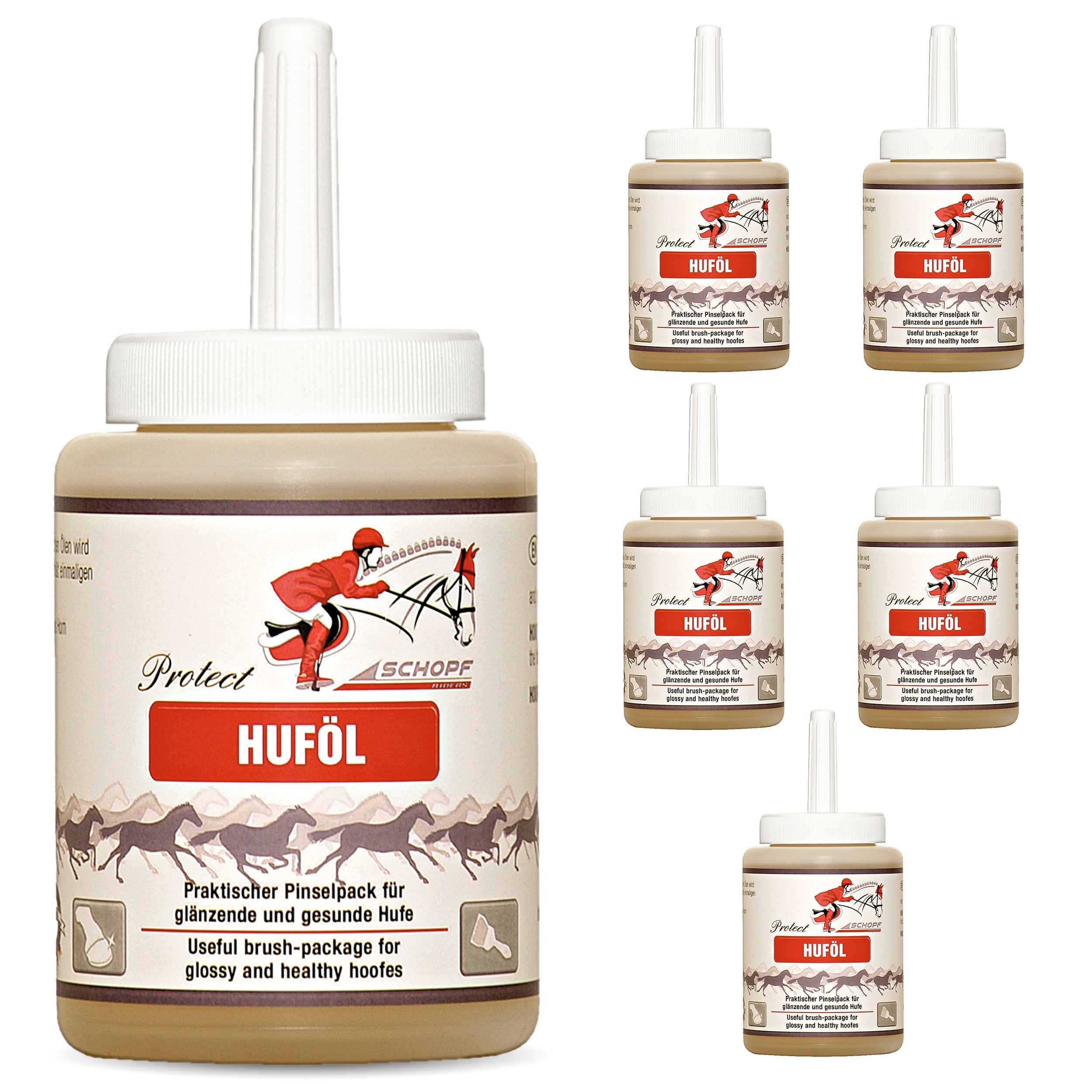 Eine große Flasche Huföl mit Applikator und fünf kleinere Flaschen. Text: Praktisches Pinselpack für glänzende und gesunde Hufe.