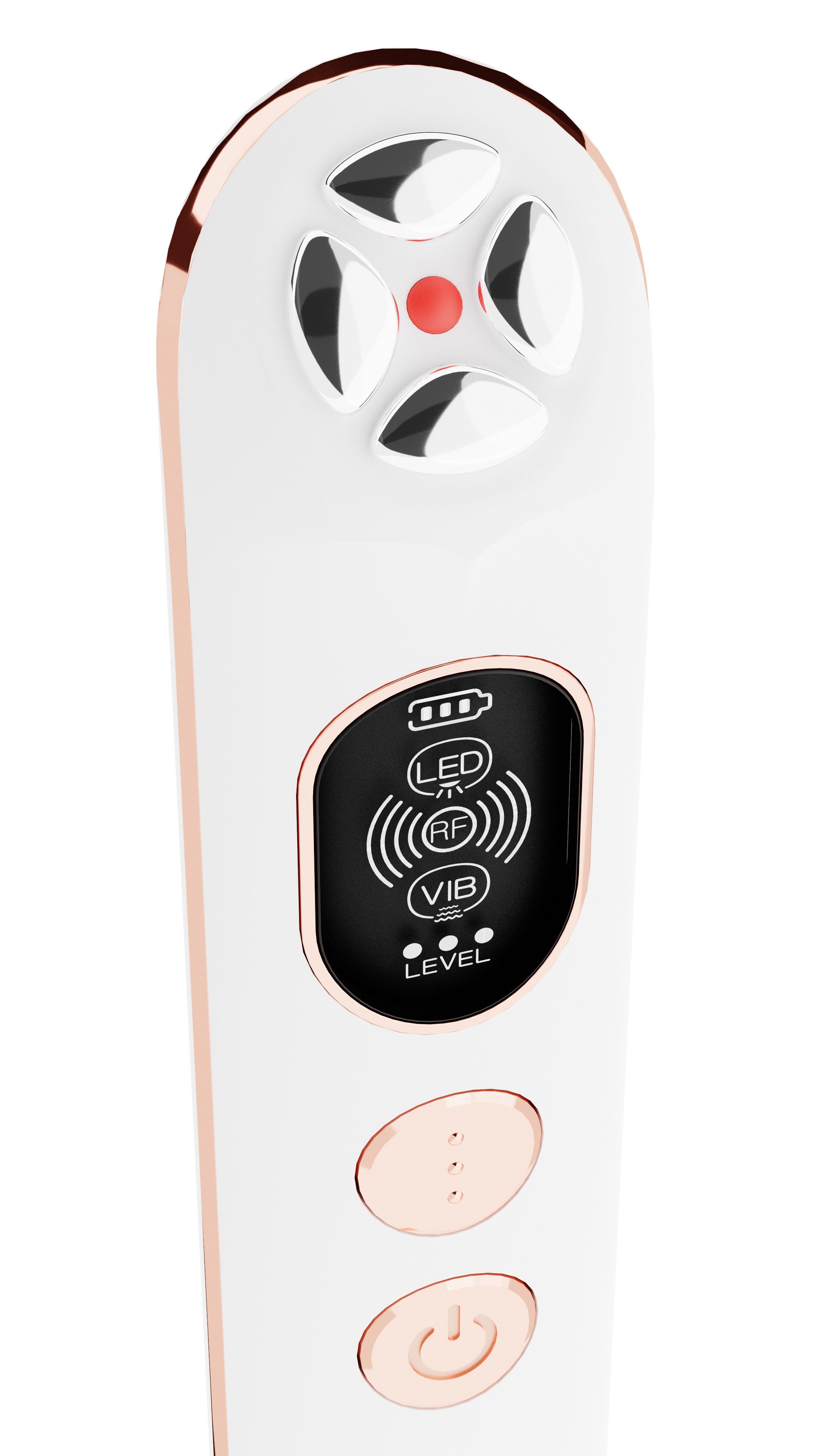 Nahaufnahme eines weißen Geräts mit roségoldenen Akzenten. Oben vier runde Elemente, darunter ein Display mit Symbolen und zwei Knöpfe.