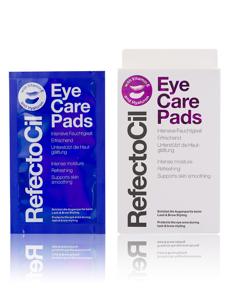 Refectocil Eye Care Pads, confezione singola e confezione. Testo: Eye Care Pads, vitamina E, acido ialuronico. Confezione blu e bianca.